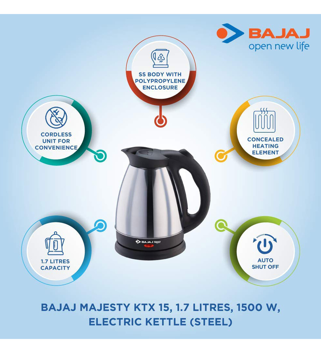Buy Bajaj KTX-15 Electric Kettle Litre (Black/Silver) at 33