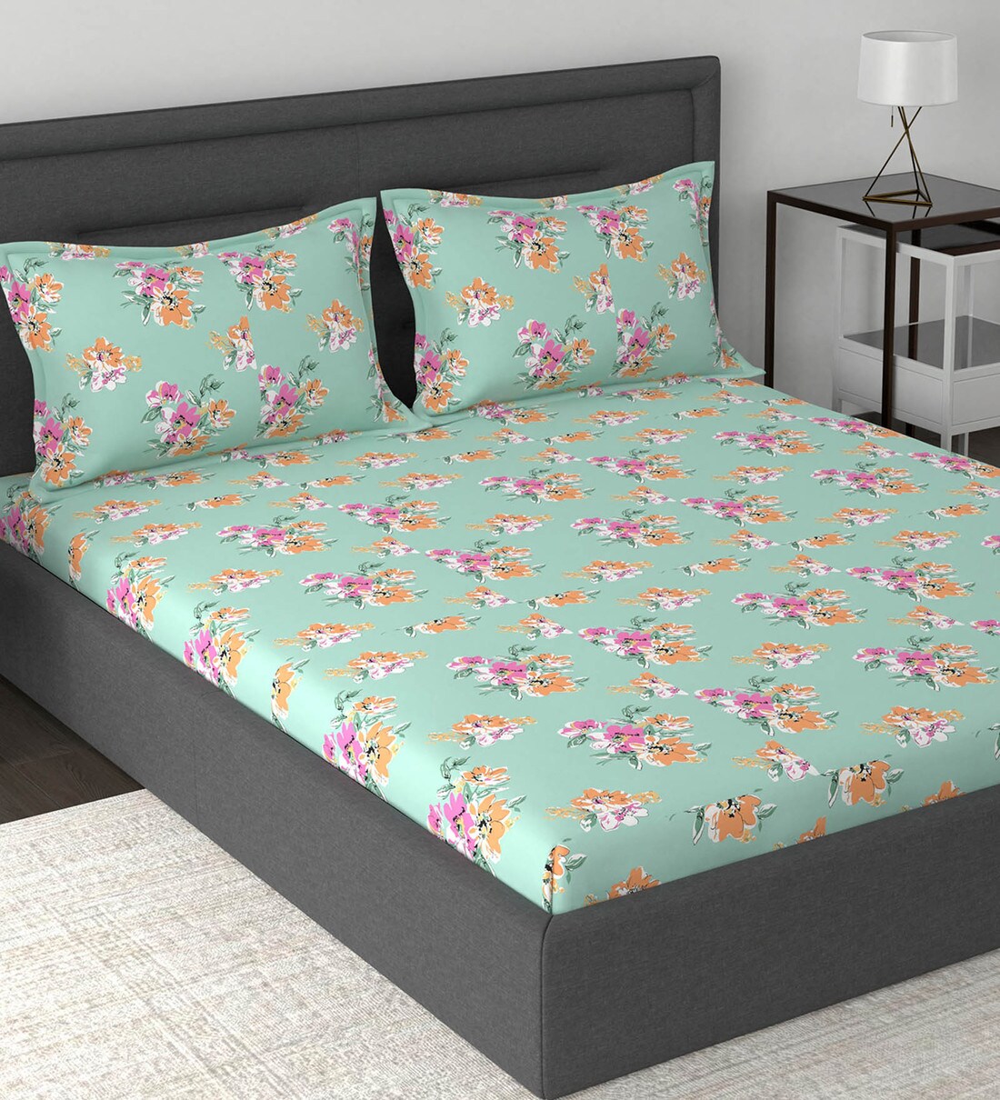 Buy Blue Floral 210 TC Cotton 1 Double Bedsheet with 2 Pillow Covers by