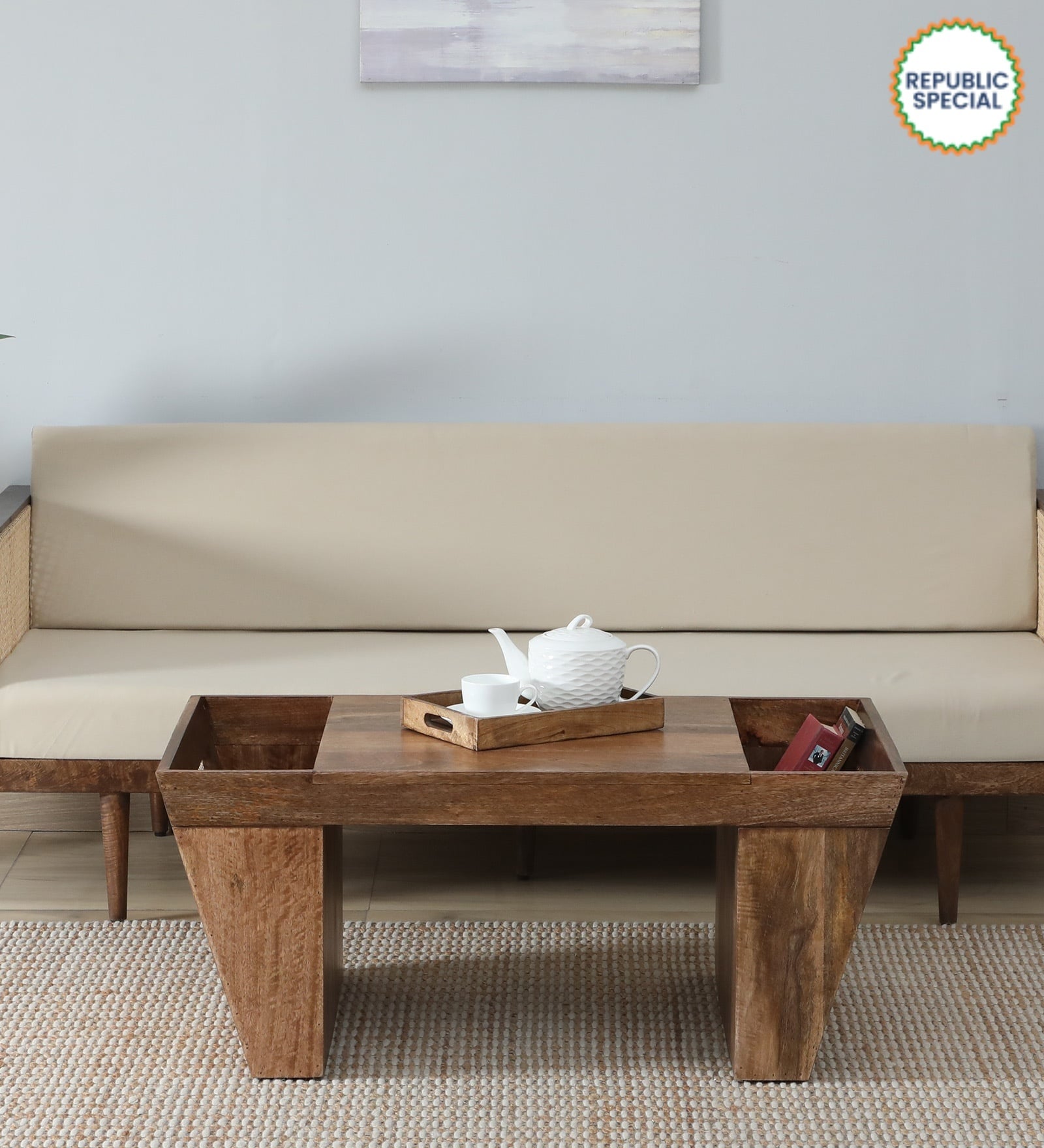 Baarn Mango Wood Coffee Table In Rustic Teak Finish With Magazine Holder