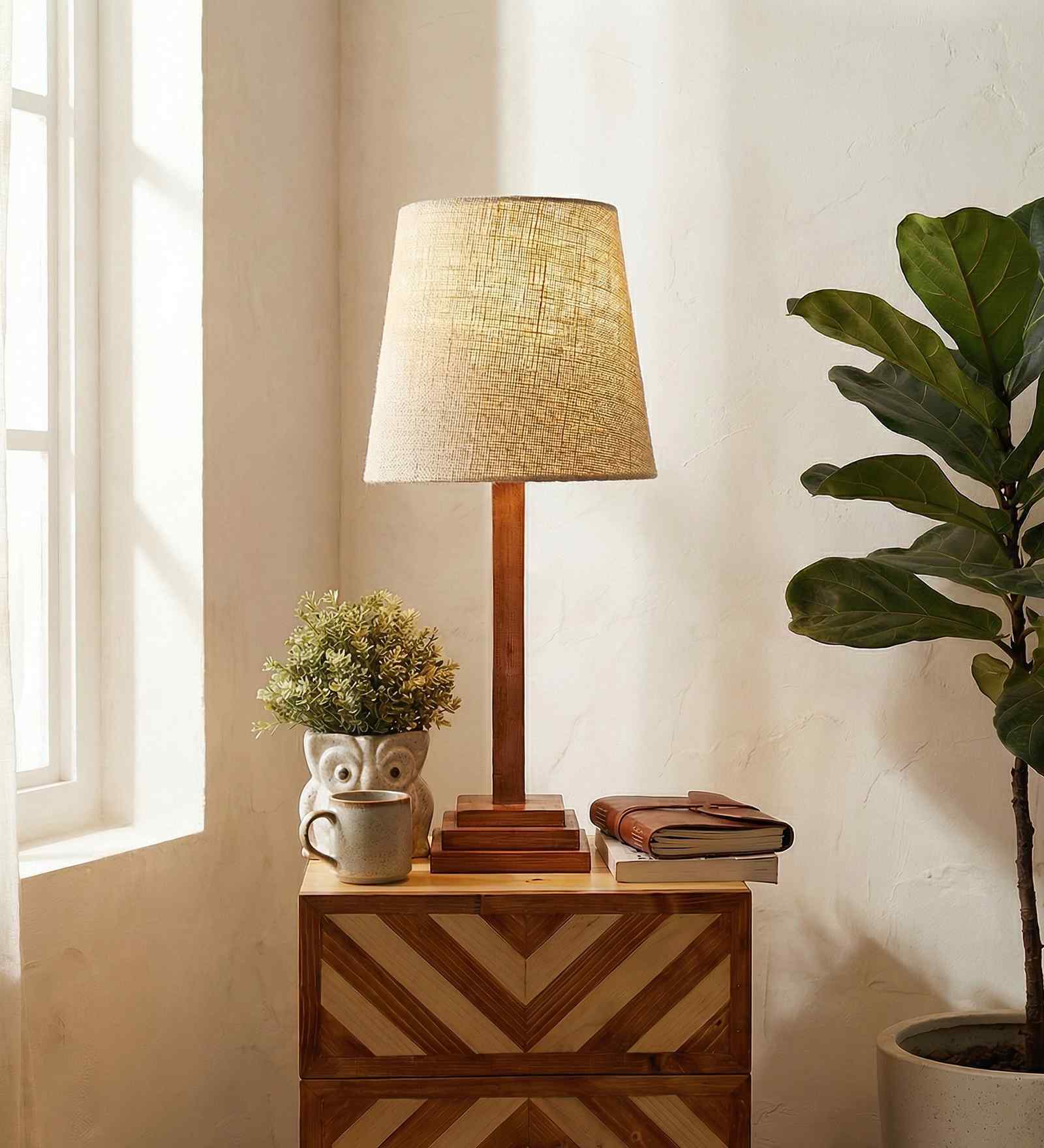 Babel Wooden Table Lamp with Jute Shade & Brown Base