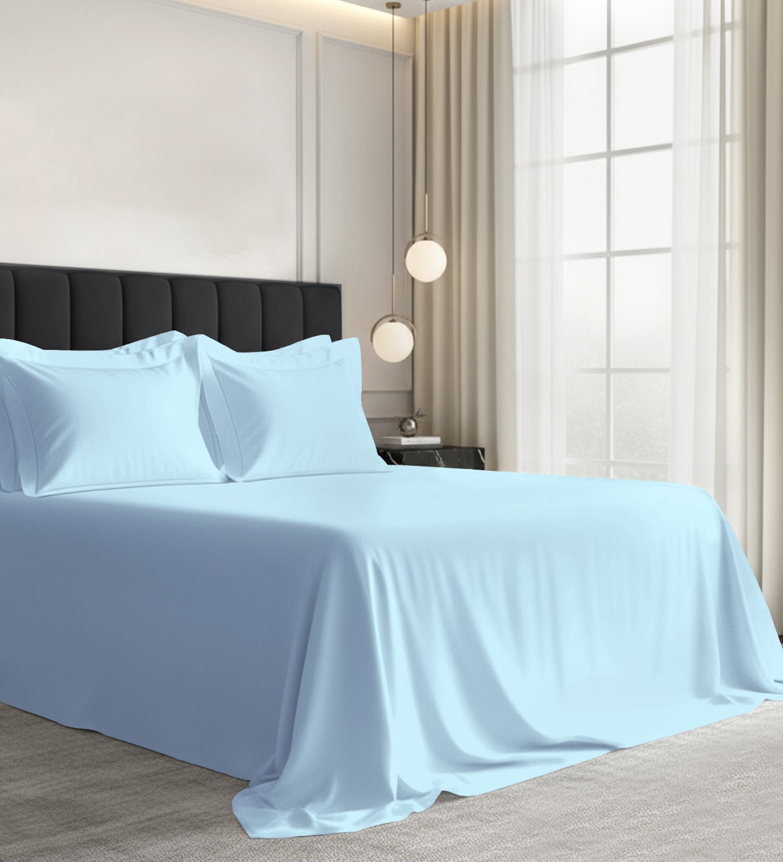 Baby Blue Solid 1000 TC Cotton Super King Sized Bedsheet with 4 Pillow Covers