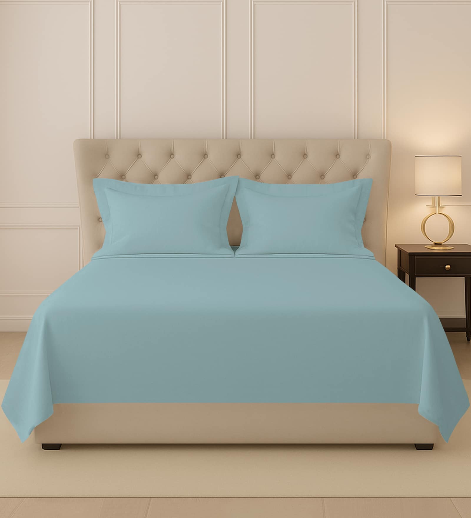 Baby Blue Solid 400 TC Cotton King Sized Bedsheet with 2 Pillow Covers