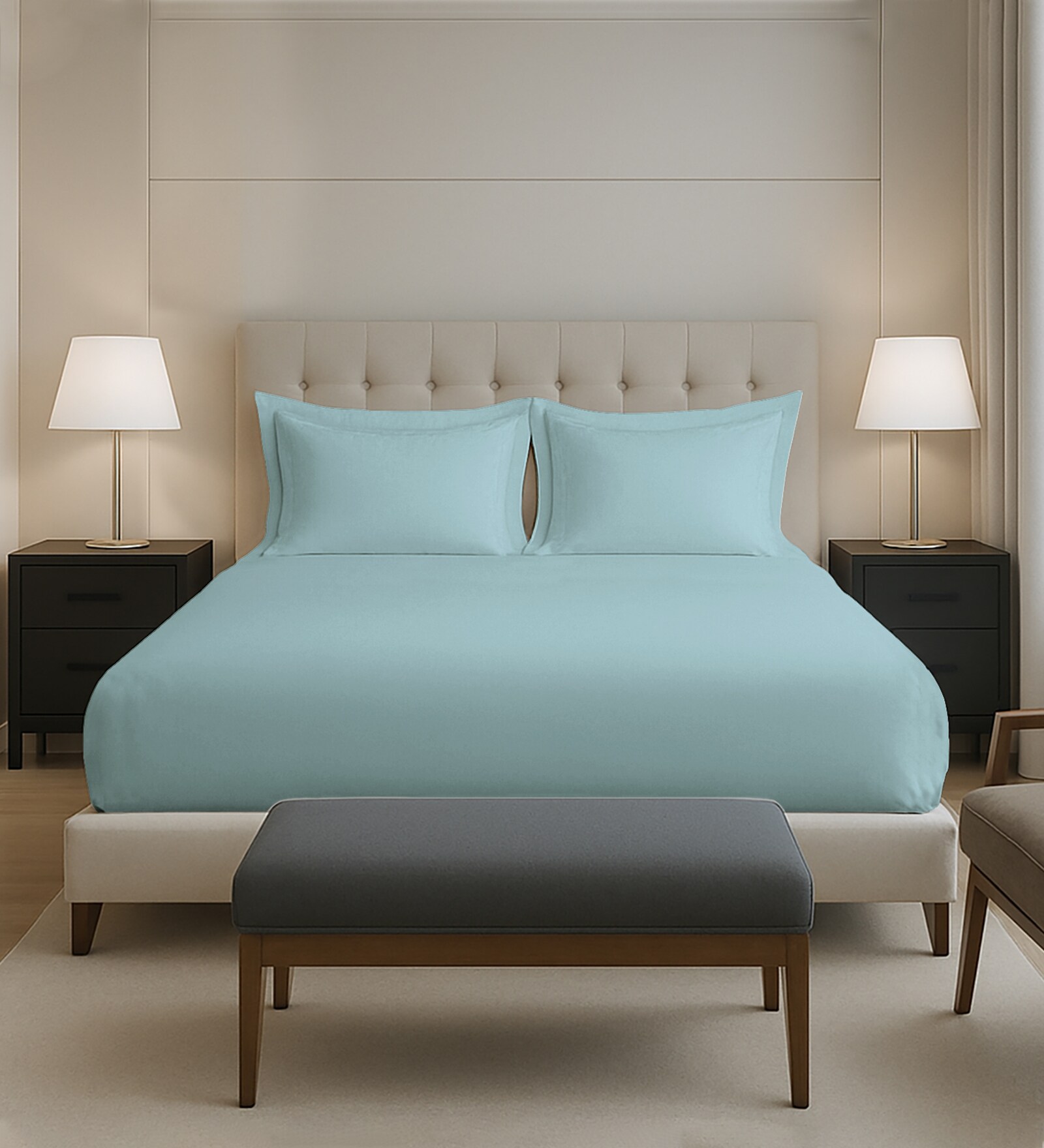 Baby Blue Solid 400 TC Cotton King Sized Fitted sheet with 2 Pillow Covers