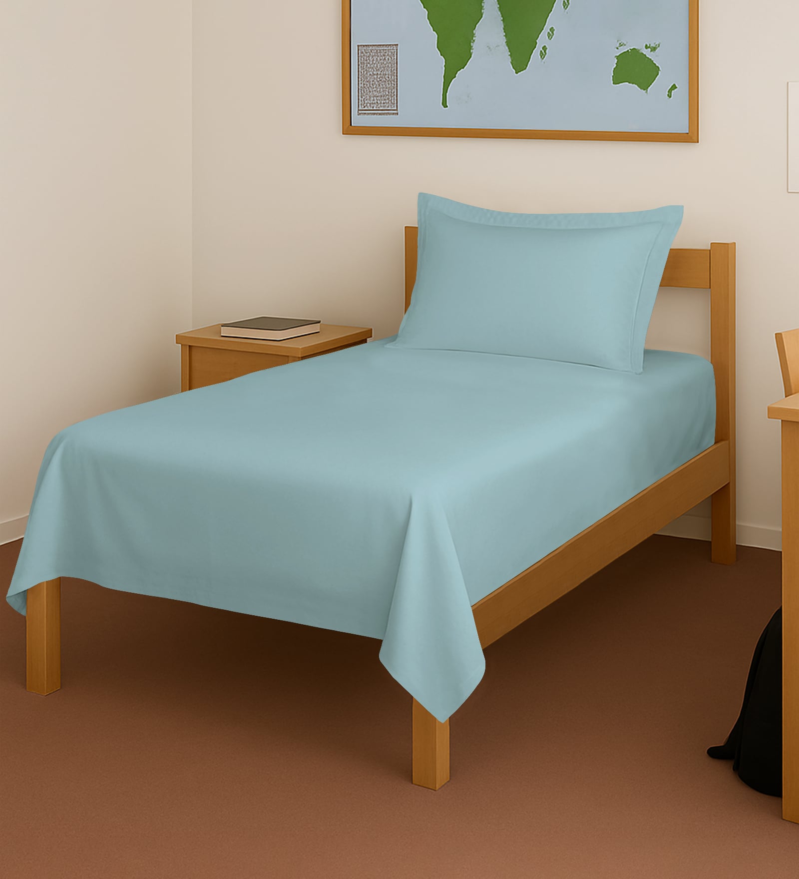 Baby Blue Solid 400 TC Cotton Single Sized Bedsheet with 1 Pillow Cover