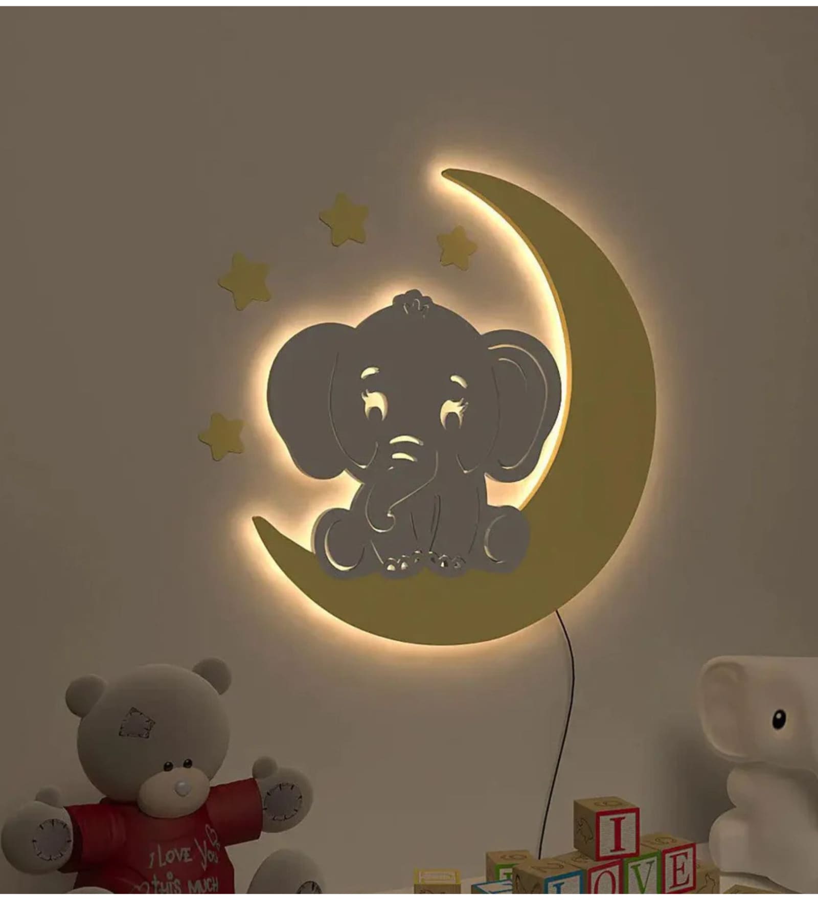 Baby Elephant on Moon Yellow & Grey Engineered Wood Wall Art With LED Light