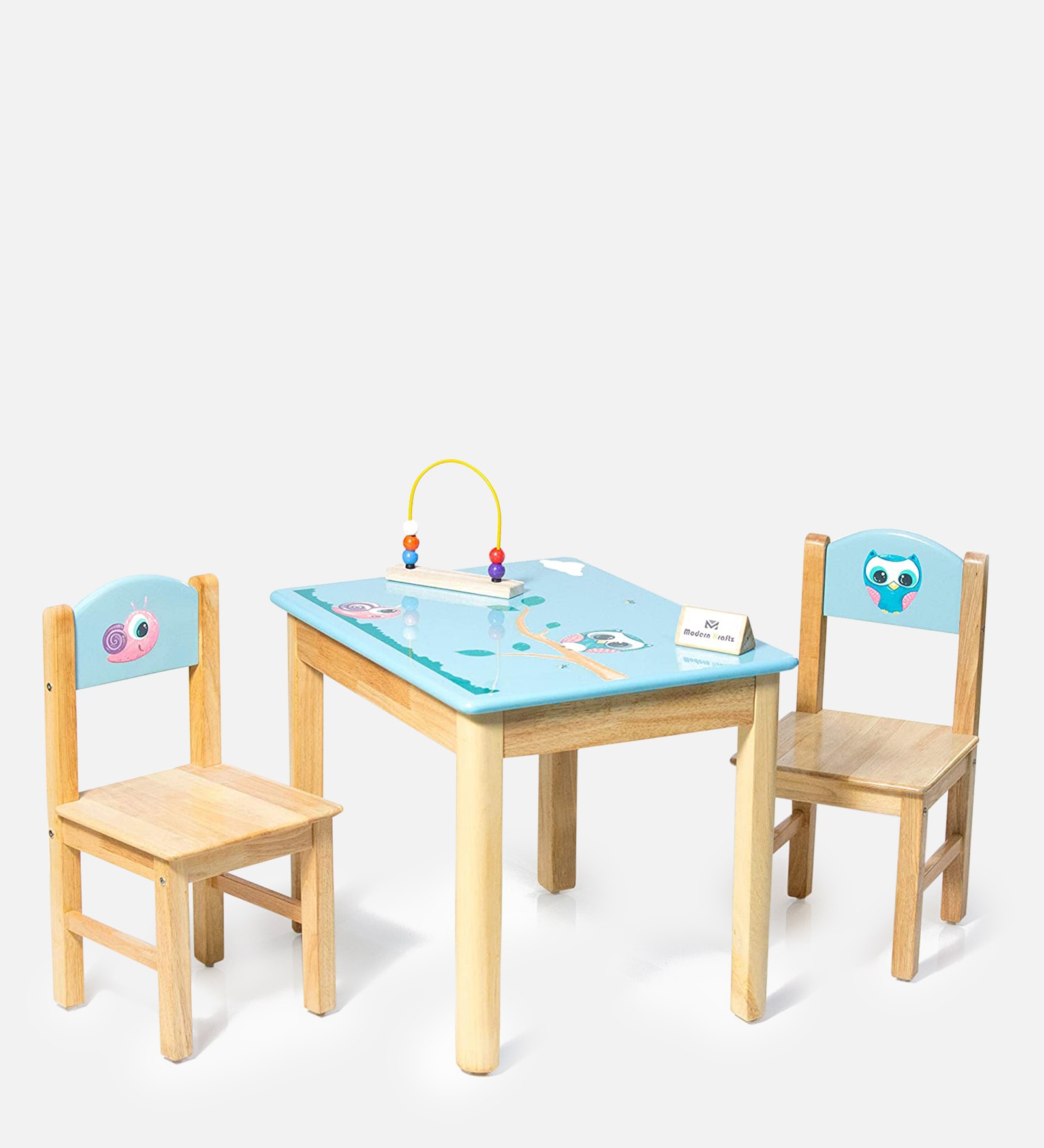 Baby Owl & Snail Solid Wood Kids Activity Table in Blue Colour with 2 Chair