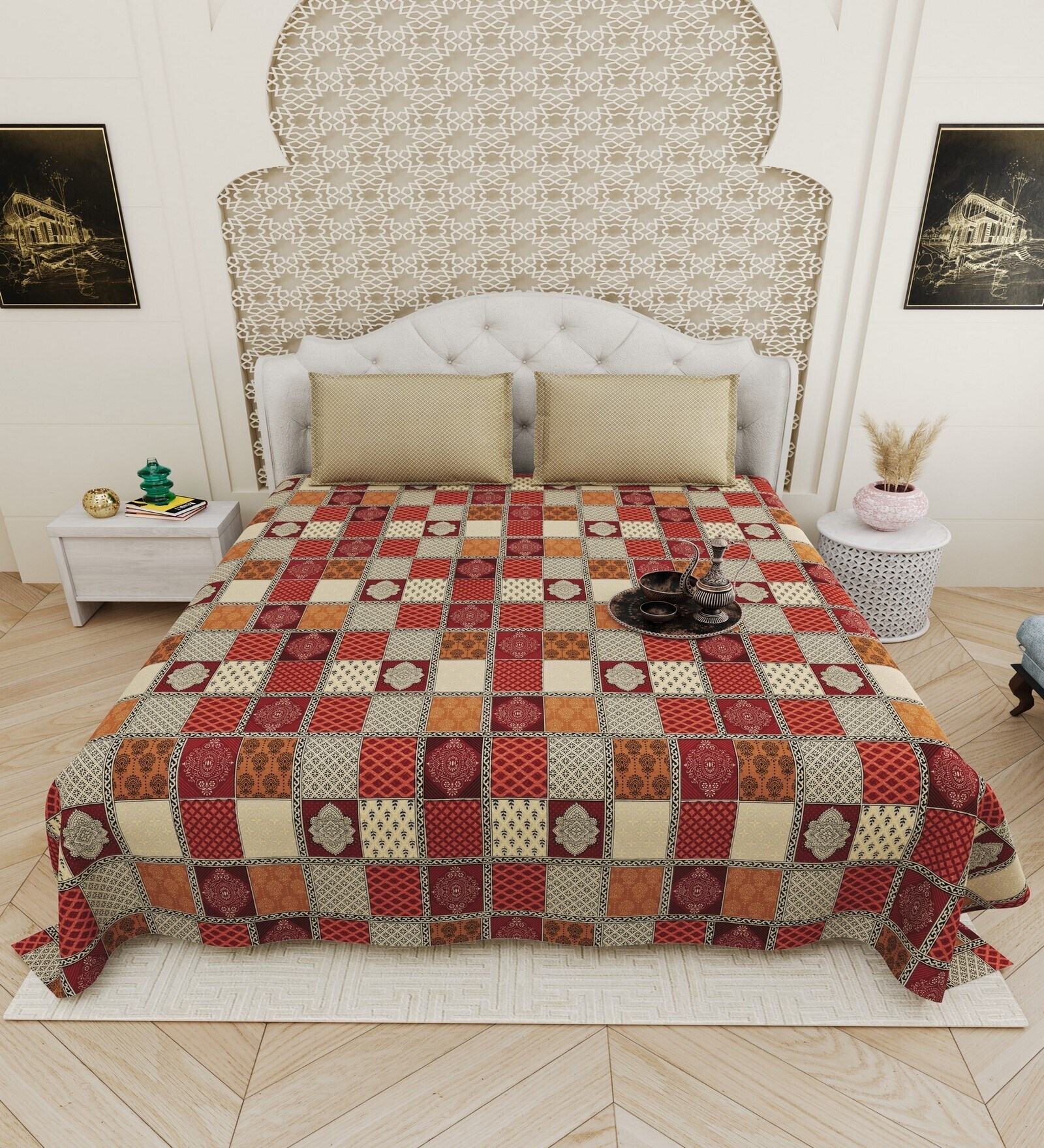 Maroon Traditional print 144 TC Cotton King Size  Bedsheet With 2 Pillow Cover