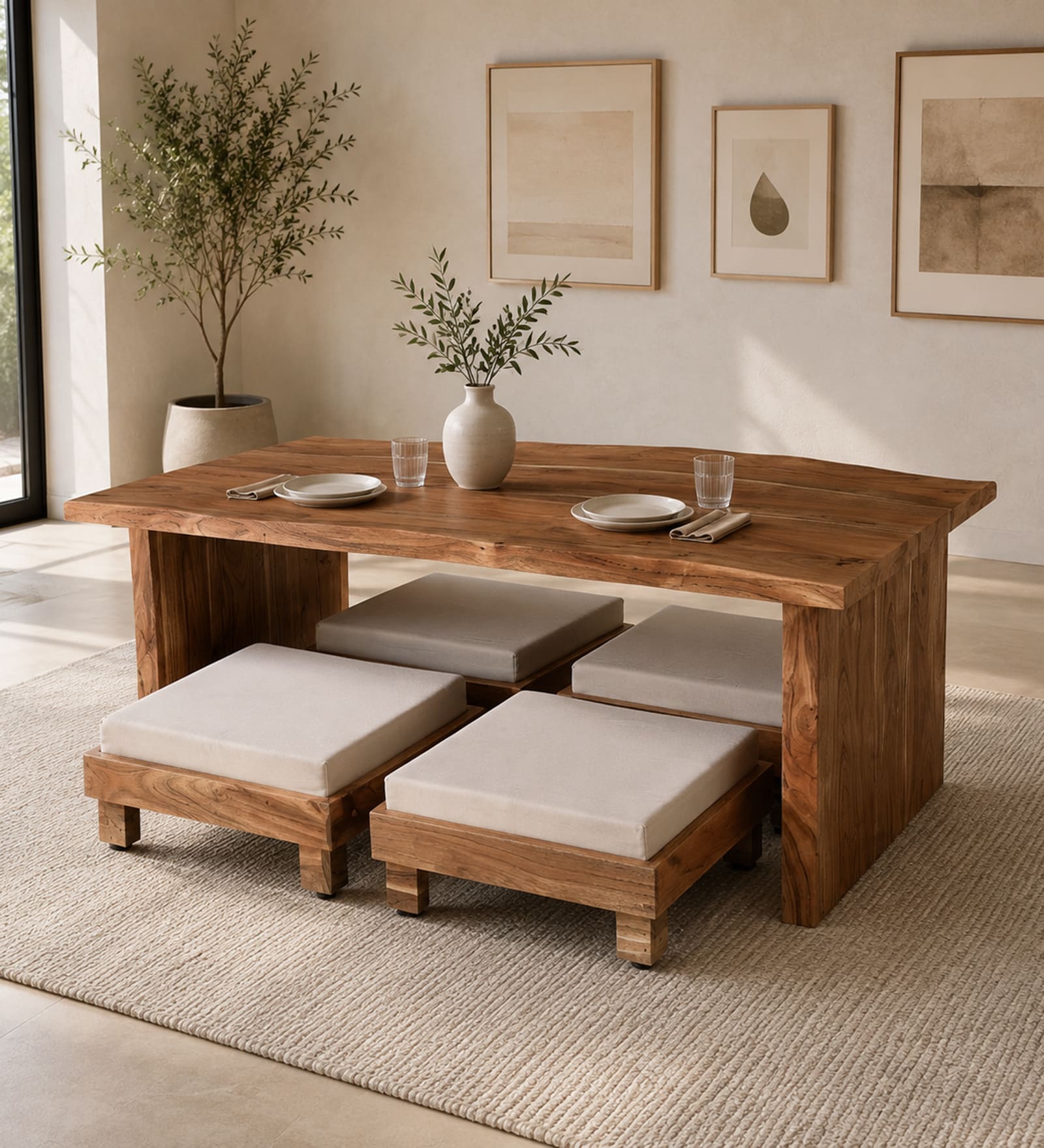 Baithak Acacia Wood 4 seater Dining Set in Natural Finish Baithak Acacia Wood 4 seater Dining Set in Natural Finish
