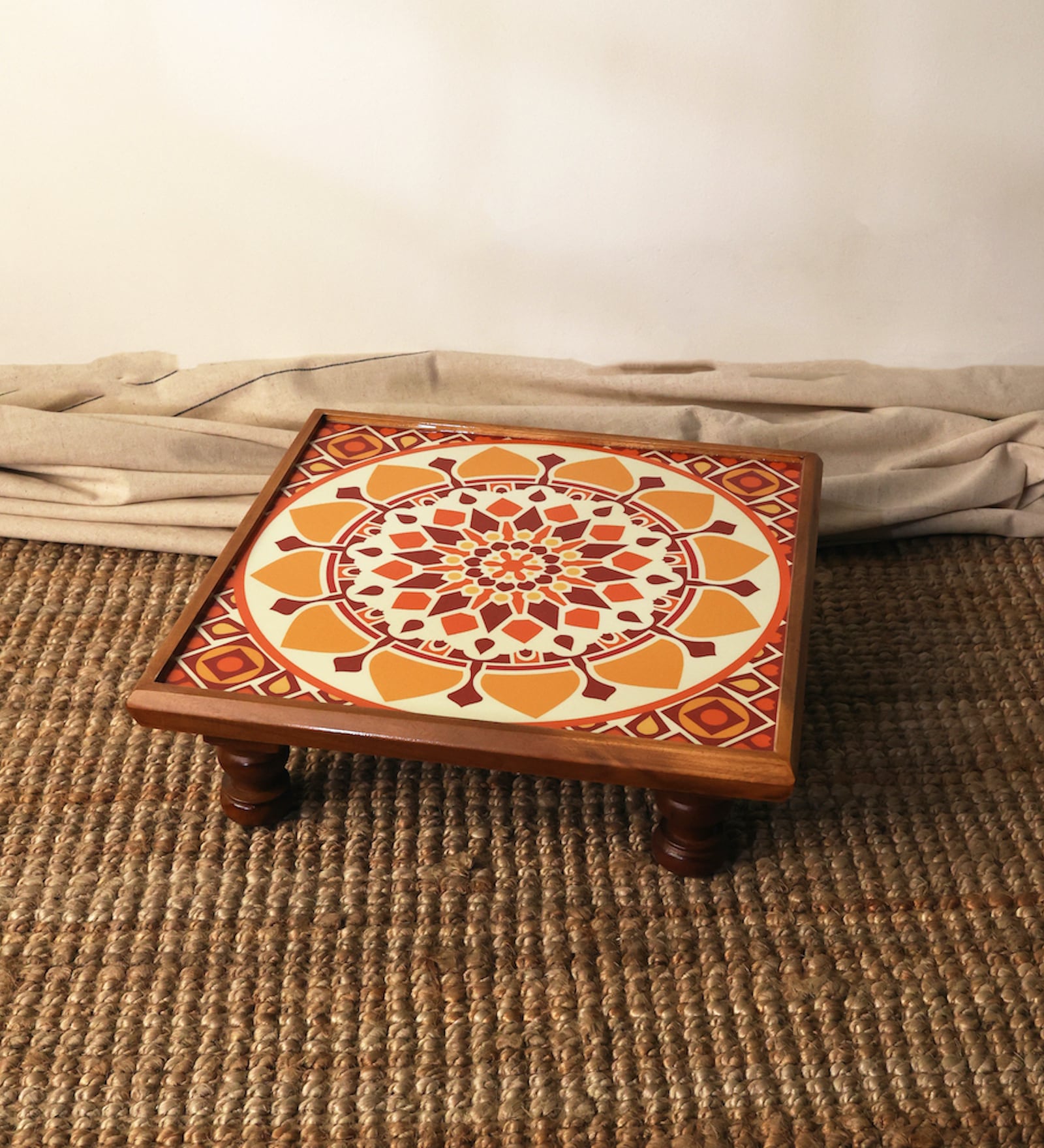 Yellow Teak Wood Large Bajot (14 x 14) with Mandala Art
