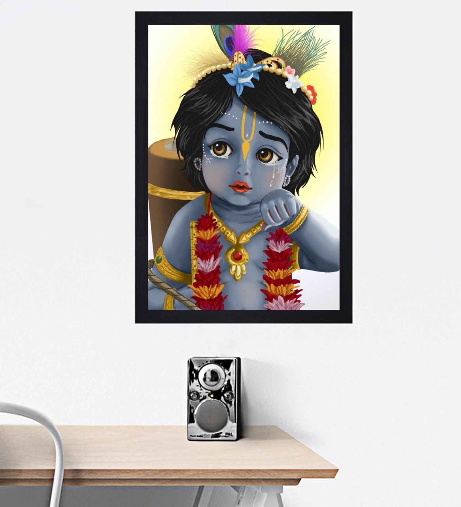 Bal Krishna Multicolour Textured Framed Spiritual Art Print