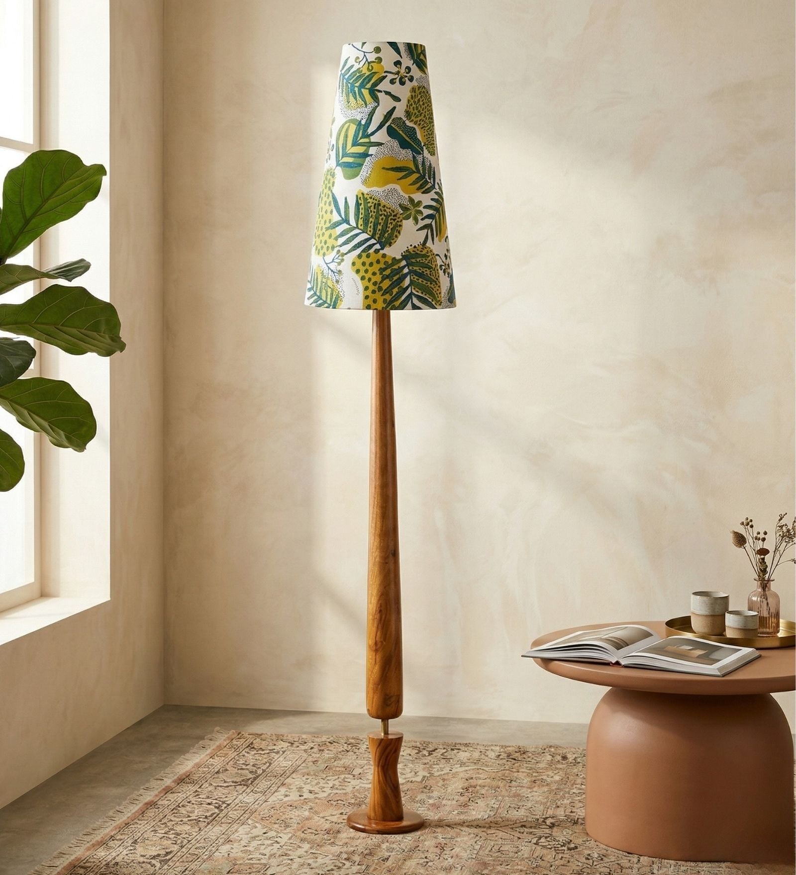 Balance Sculptural Minimal Natural Wooden Floor Lamp for Living Room & Bedroom in Printed Dark Green/White Color Shade