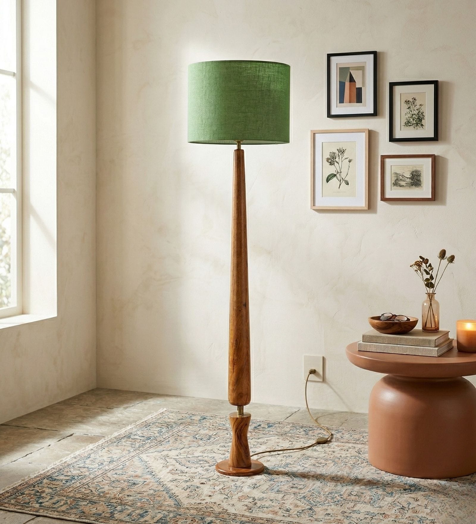 Balance Sculptural Minimal Natural Wooden Floor Lamp for Living Room & Bedroom in Solid Green Color Shade