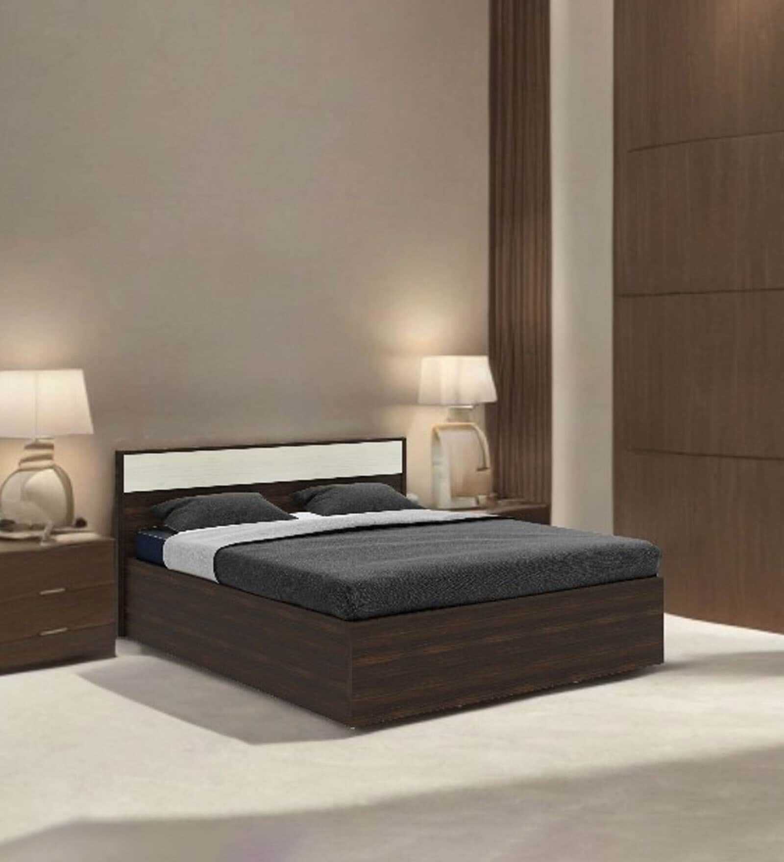 Baleno Queen Size Bed in Brown and White Finish with Hydraulic Storage