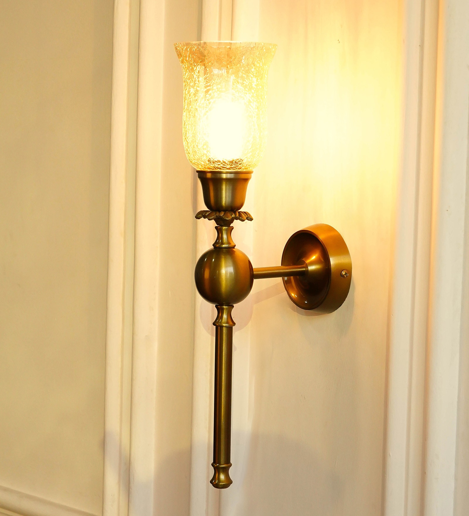 Ball Wall Lamp Brass Antique Finish with Chimney Crackled Glass Golden Luster Shade