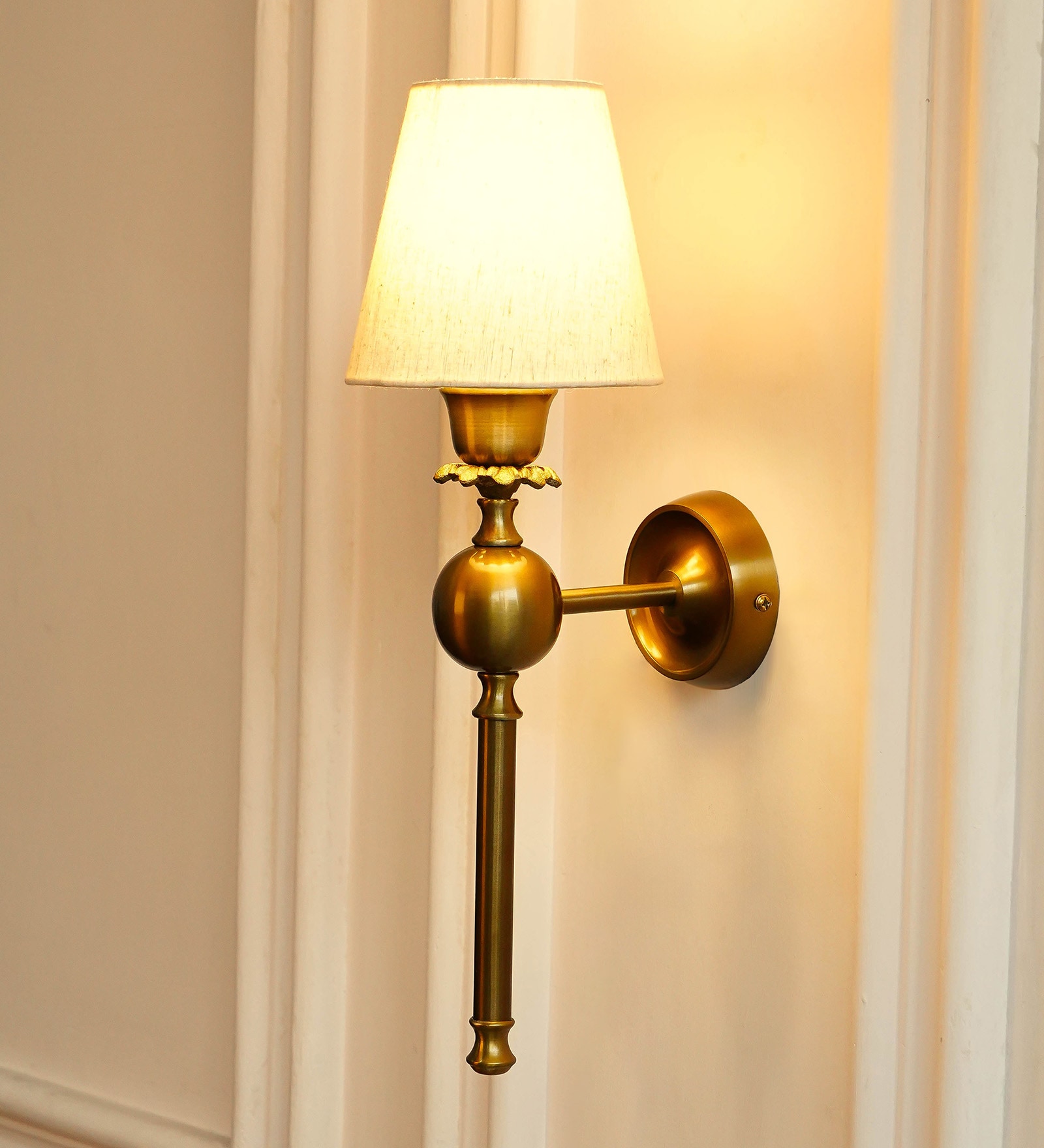 Ball Wall Lamp Brass Antique Finish with Off White Lampshade