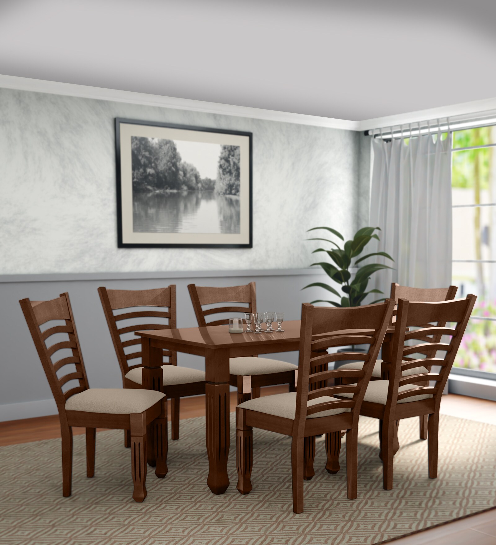 Bally Solid Wood 6 Seater Dining Set in RT Medium Brown Finish