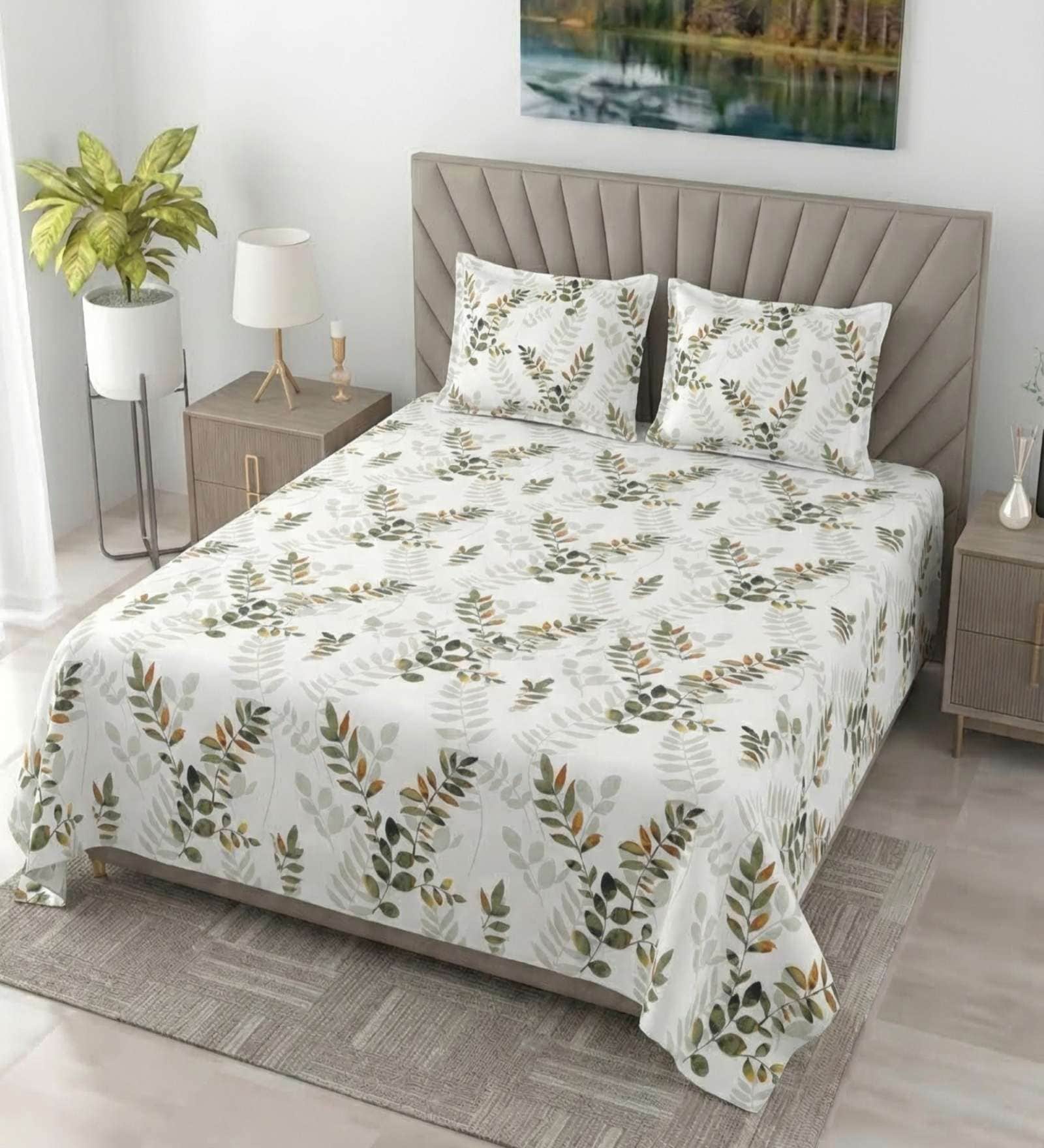 Bamboo Green Metro 186 TC Cotton King Bedsheet With 2 Pillow Covers