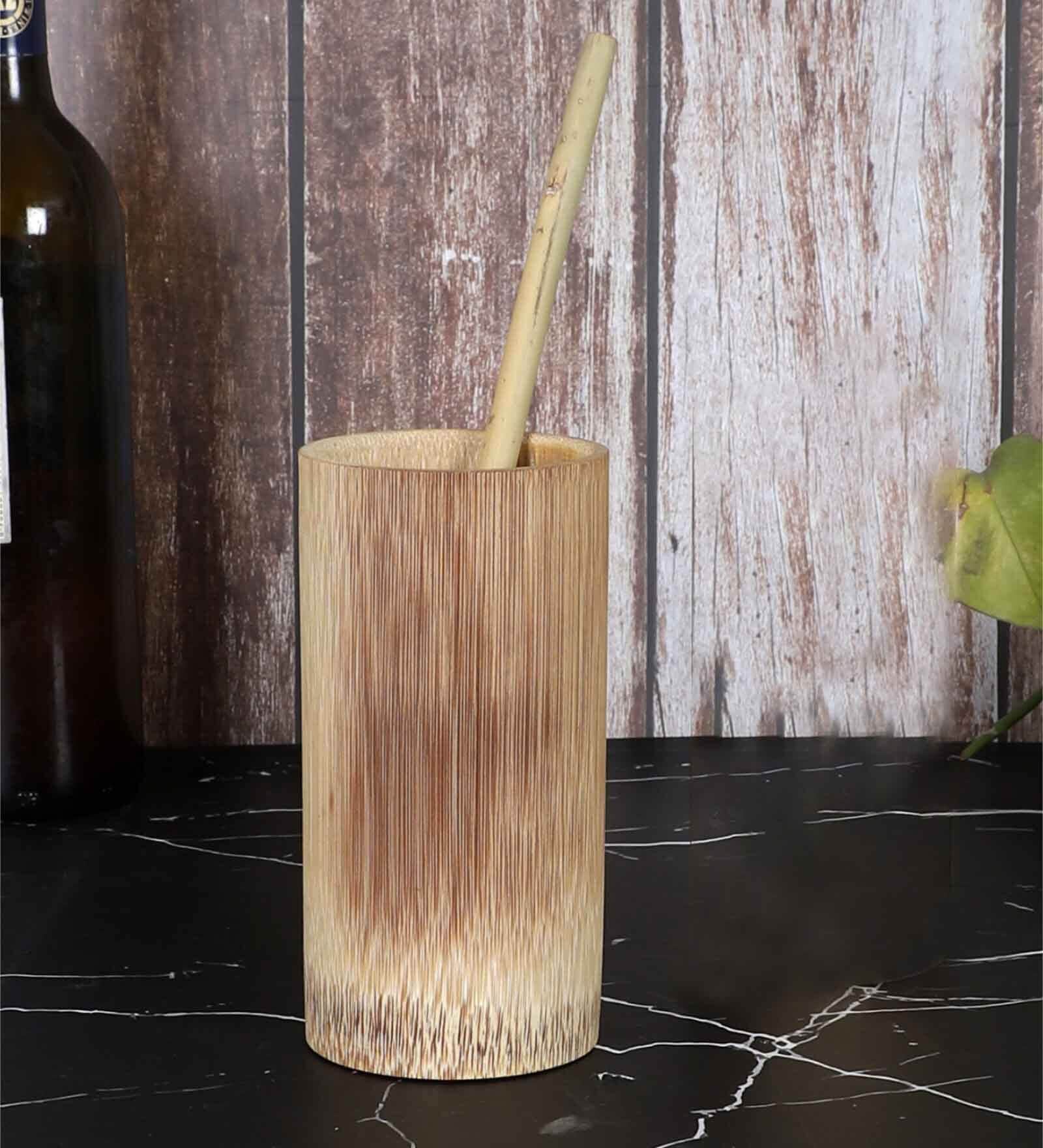 Beige Bamboo HandCrafted (Set of 2) Everyday Glasse With 7inc Straw