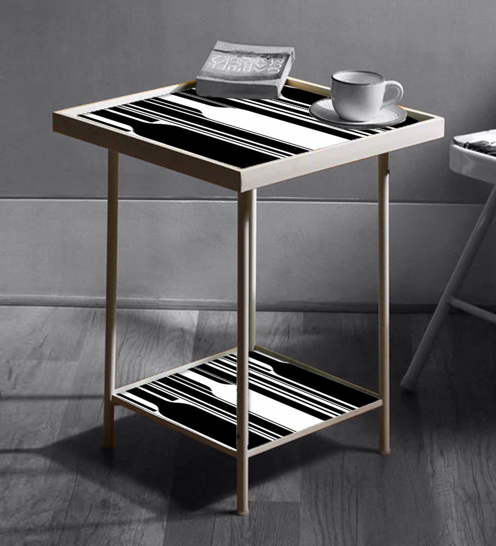 Bar Print End Table in White Colour Bar Print End Table in White Colour