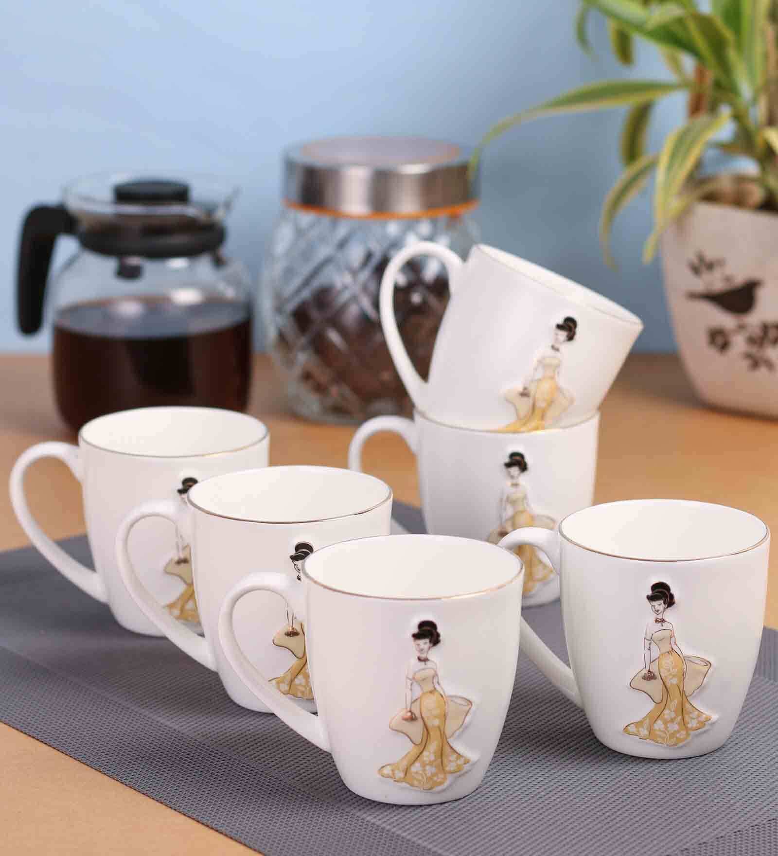 Barbie Printed 180ml White & Brown Ceramic (Set of 6) Tea Cup