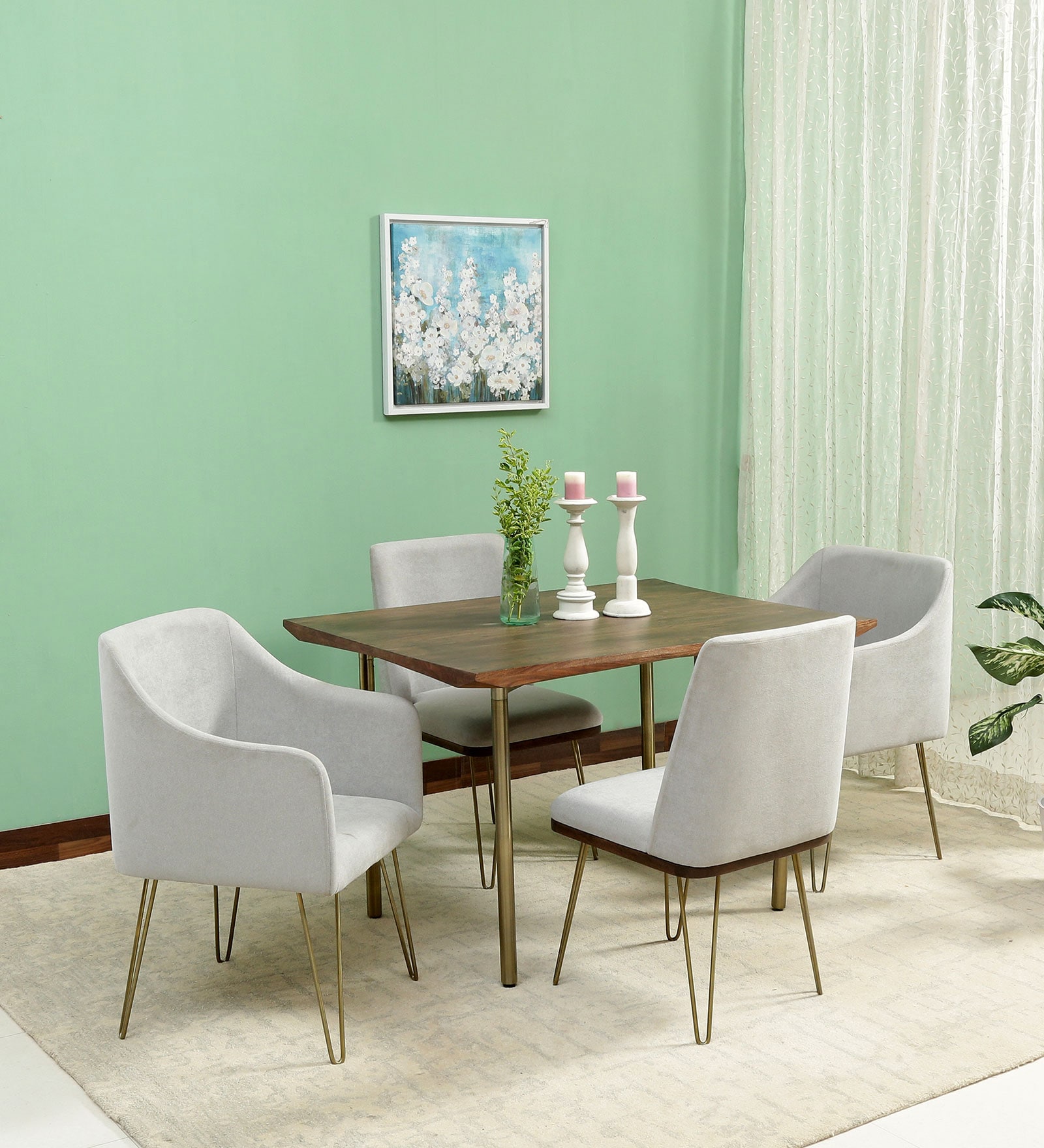 Barcelona Solid Wood 4 Seater Dining Set with 2 Arm Chair in American Walnut Finish