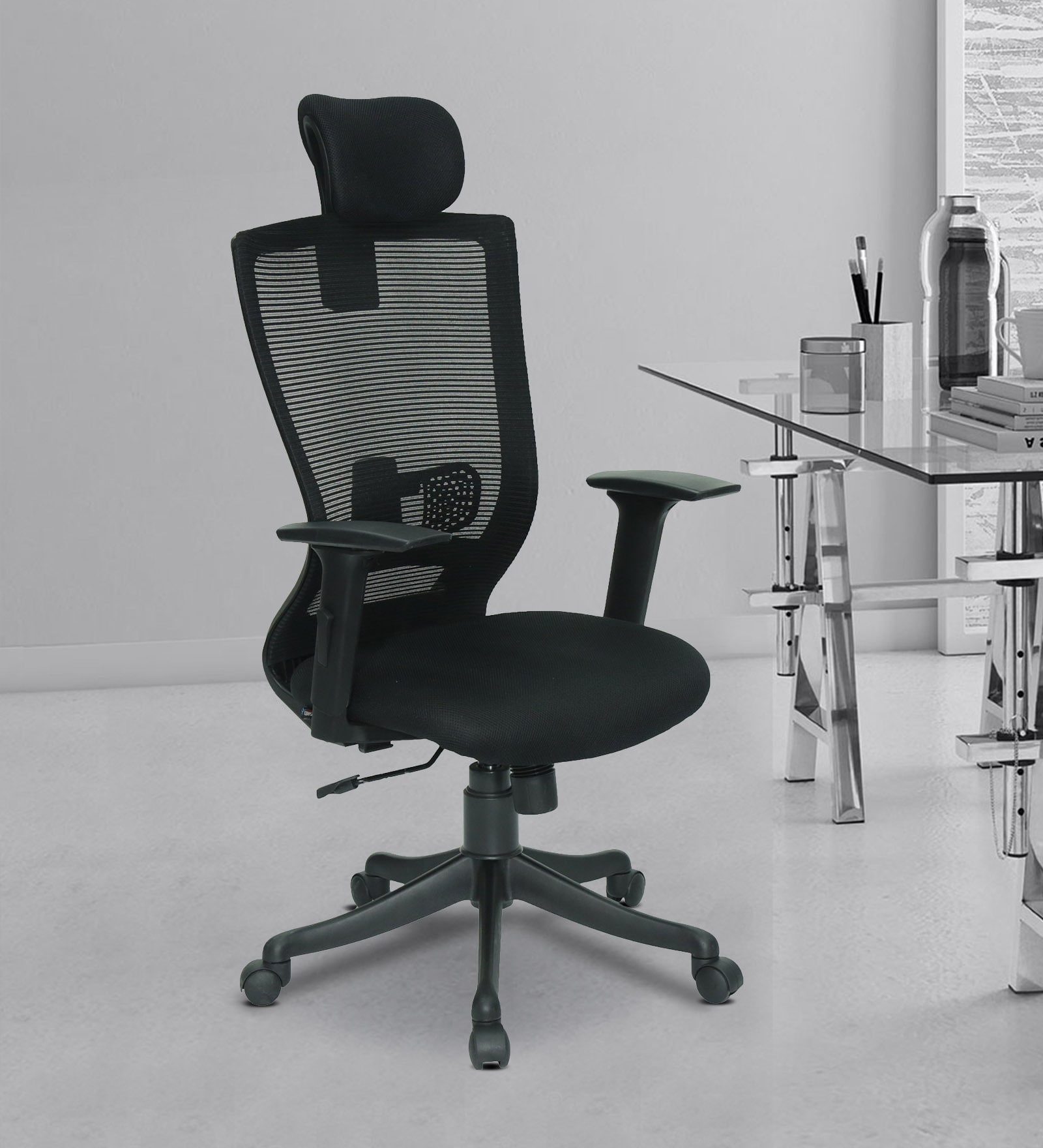 Buy Barcelona High Back Ergonomic Chair with Headrest in Black Colour