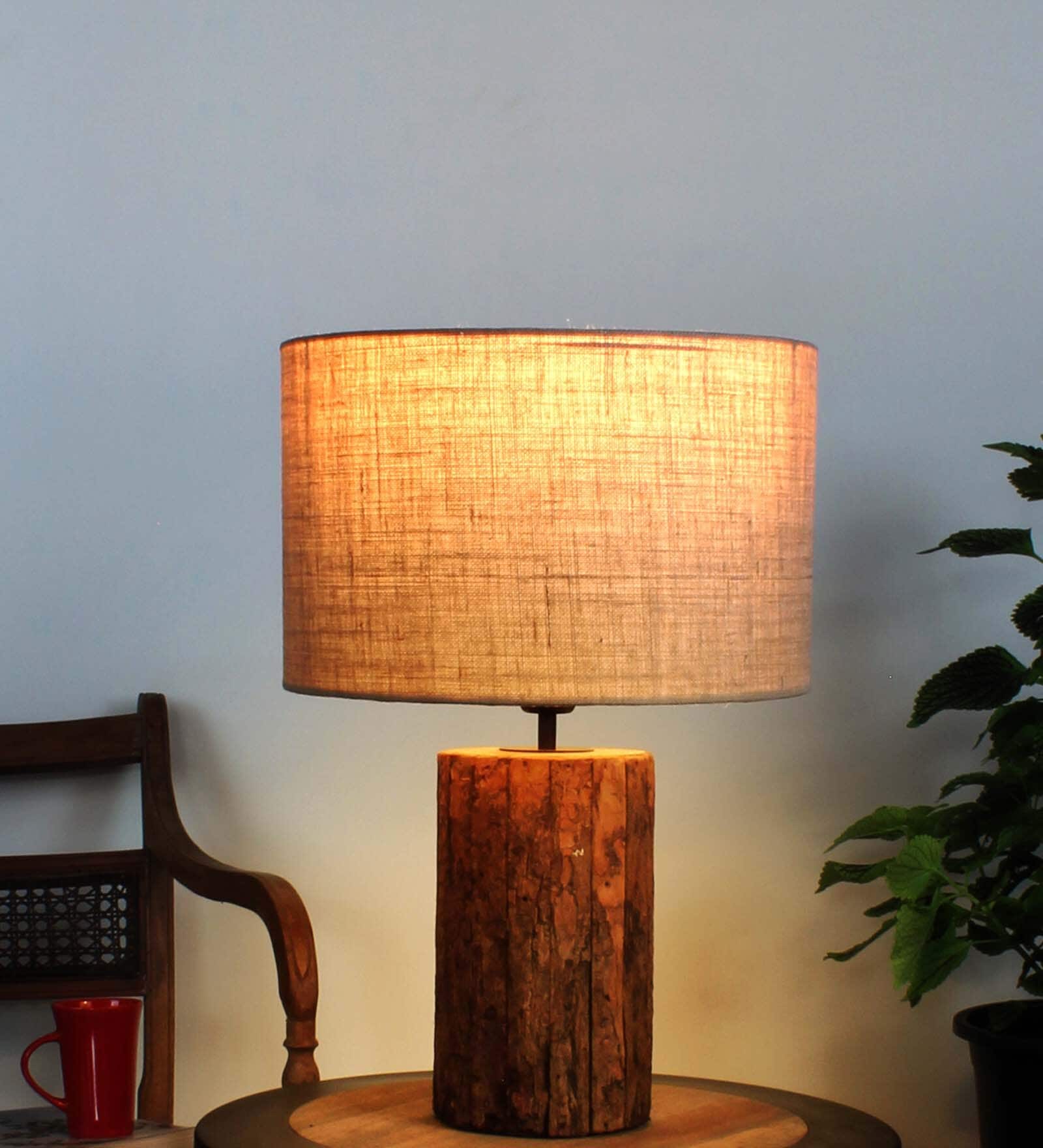 Bark Wood Table Lamp with Natural Jute Shade Bark Wood Table Lamp with Natural Jute Shade