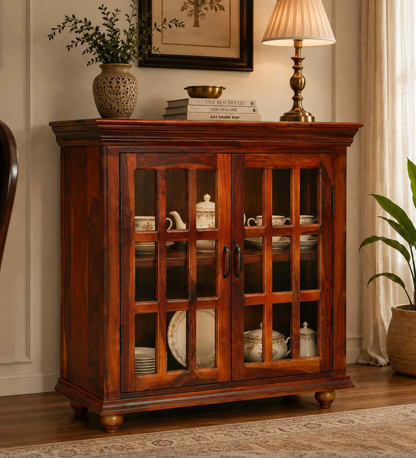 Barkston Sheesham Wood Compact Crockery Unit In Scratch Resistant Honey Oak Finish Barkston Sheesham Wood Compact Crockery Unit In Scratch Resistant Honey Oak Finish