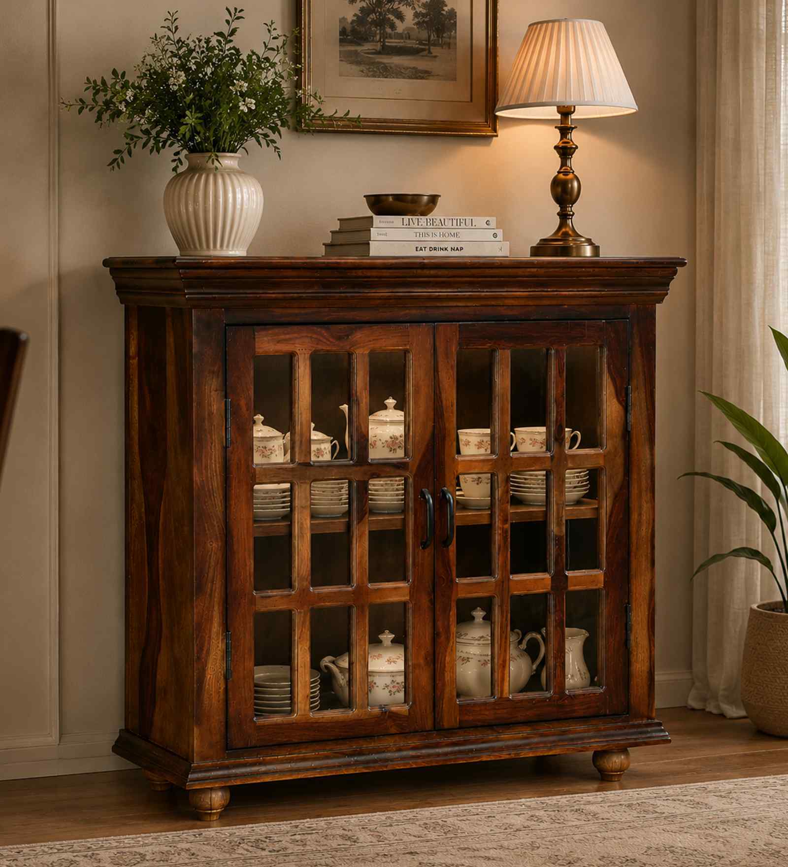 Barkston Sheesham Wood Compact Crockery Unit In Scratch Resistant Provincial Teak Finish Barkston Sheesham Wood Compact Crockery Unit In Scratch Resistant Provincial Teak Finish