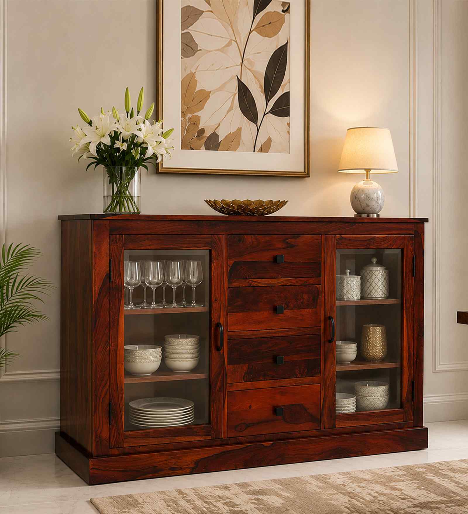 Barkston Sheesham Wood Crockery Unit In Honey Oak Finish
