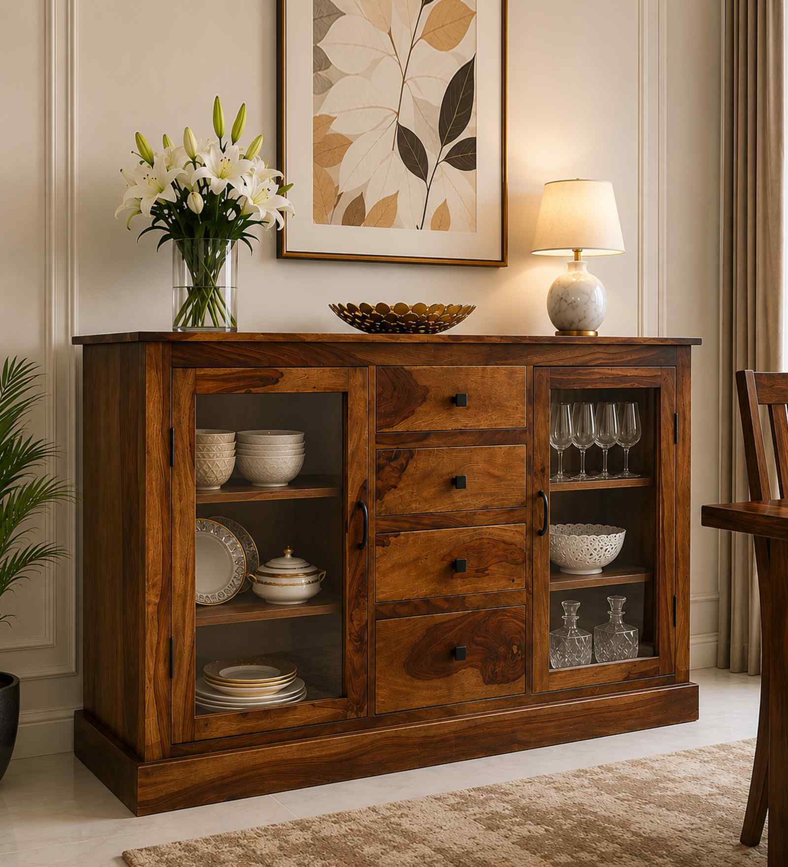 Barkston Sheesham Wood Crockery Unit In Provincial Teak Finish