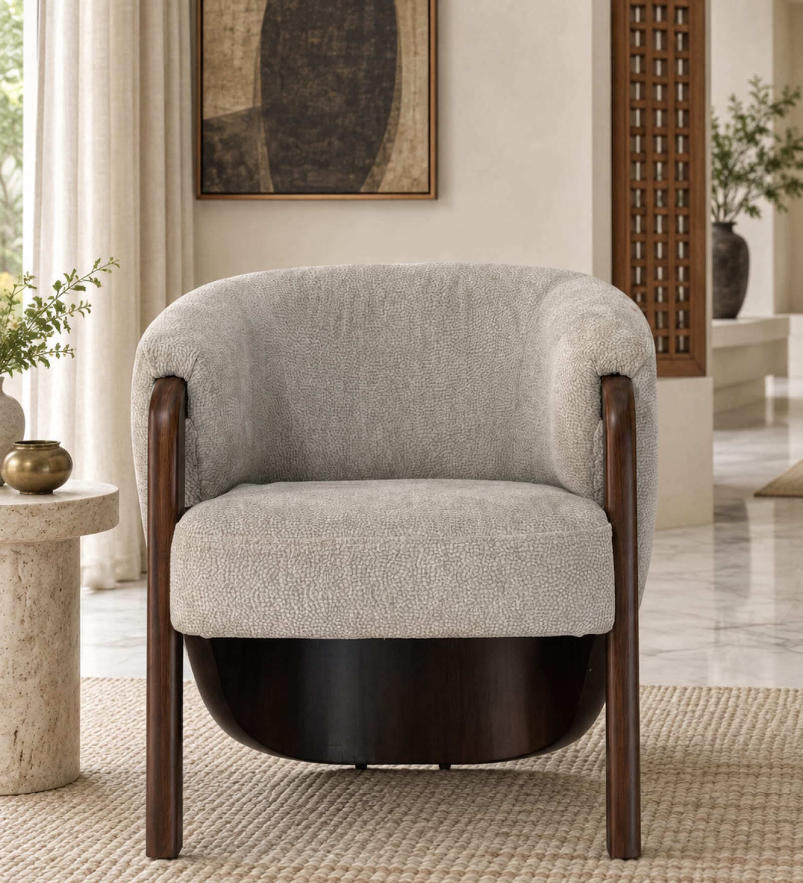 Barrell Solid Mahogany Wood Upholstered Accent Chair With Grey Boucl  Cushion In Walnut Brown Finish