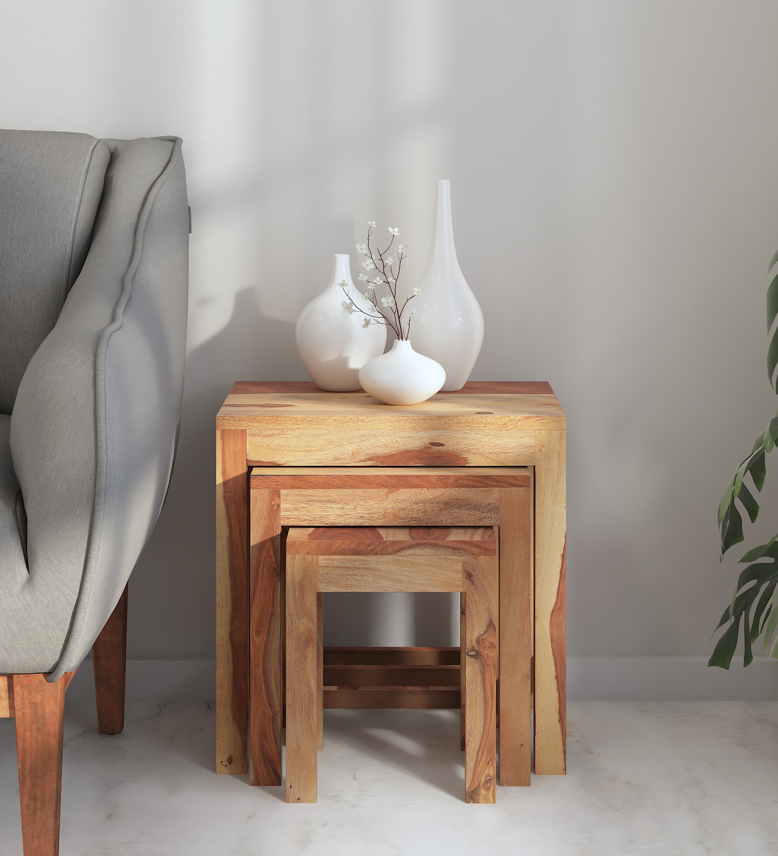 Barret Sheesham Wood Nest Of Tables In Scratch Resistant Rustic Teak Finish