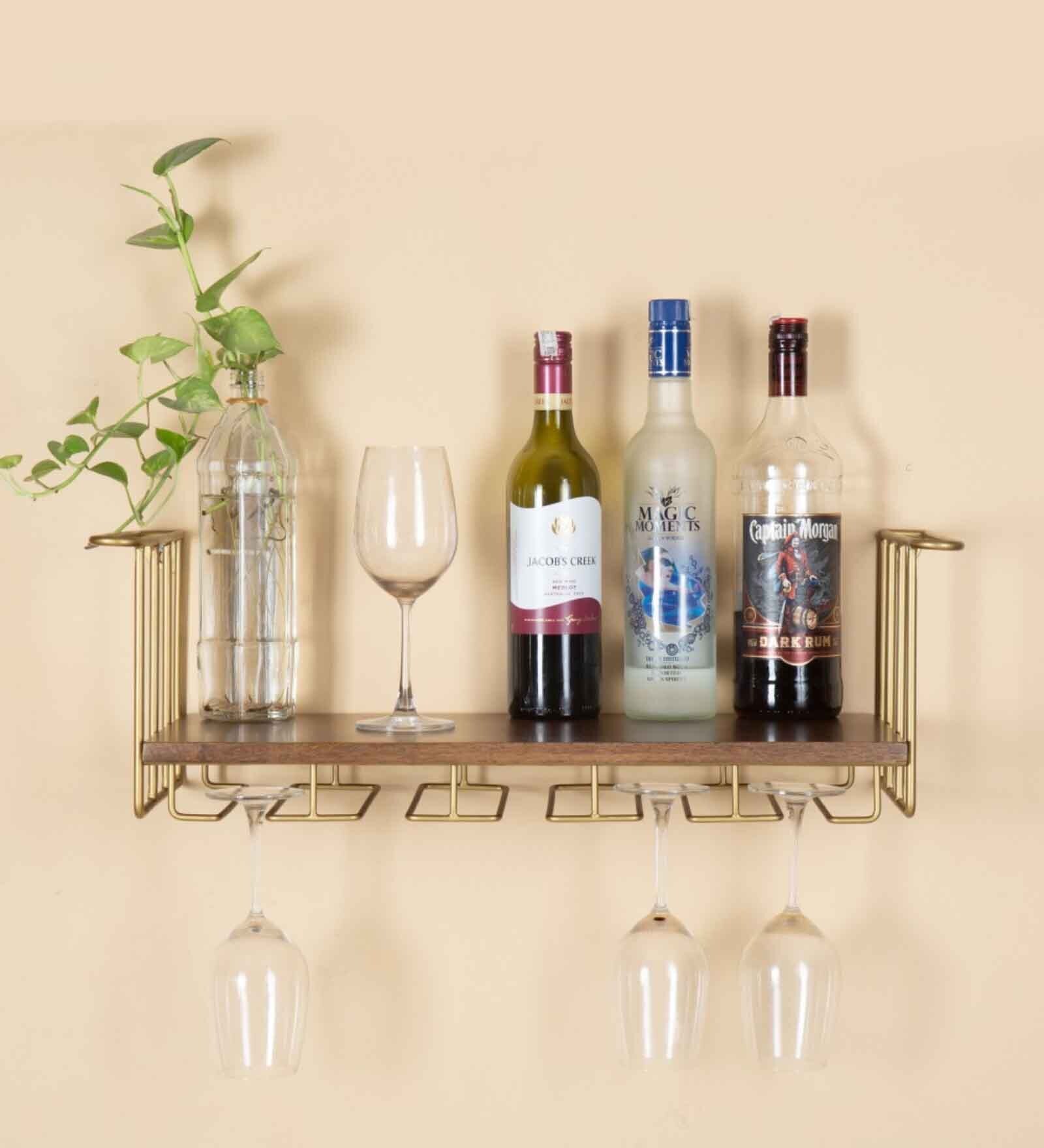 Buy Barvana Brown Sheesham Wood & Metal Wall Shelf with Wine Glass