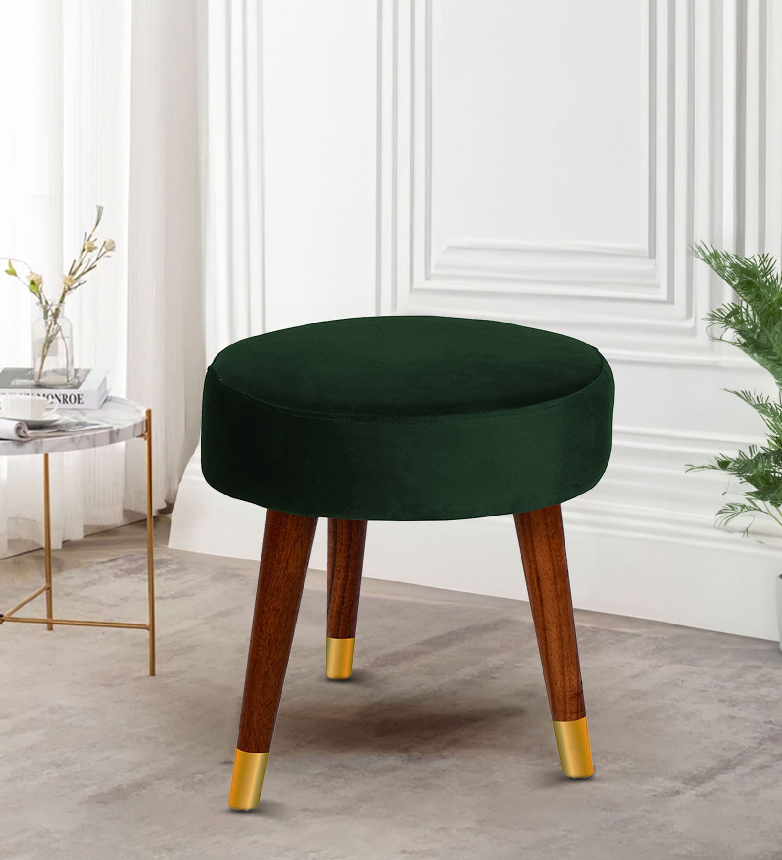 Basal Velvet Seating Stool In Green Colour