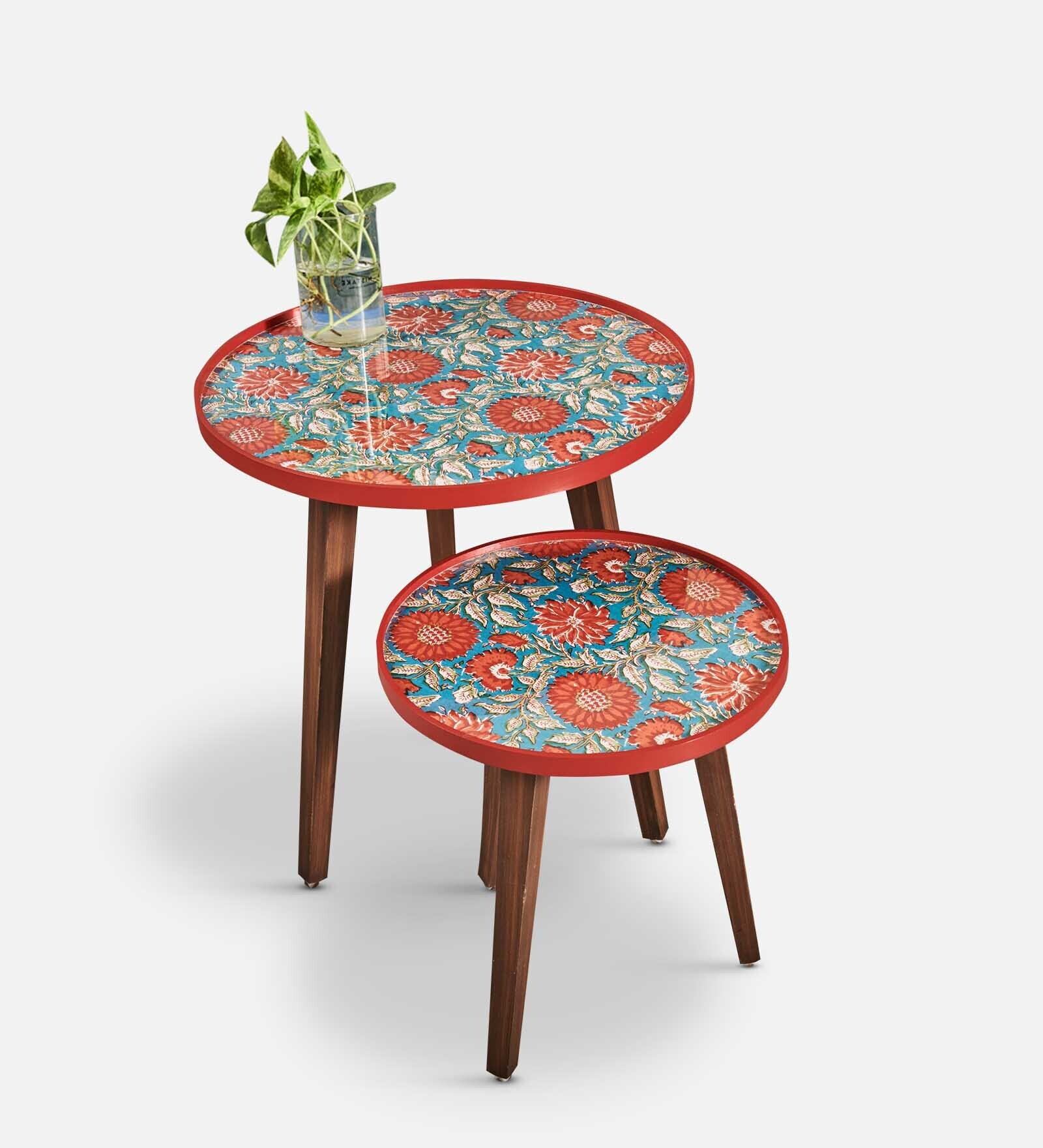 Basant Solid Wood Nest of Tables in Blue & Red Finish (Set Of 2)