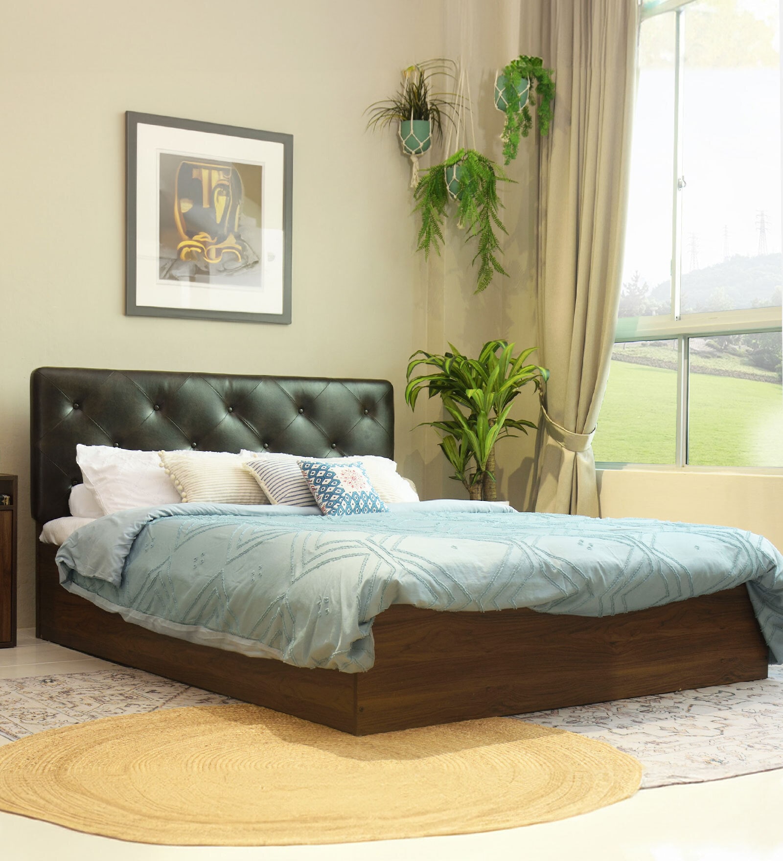 Bashira Upholstered Queen Size Bed In Black Colour & Walnut Finish With Box Storage