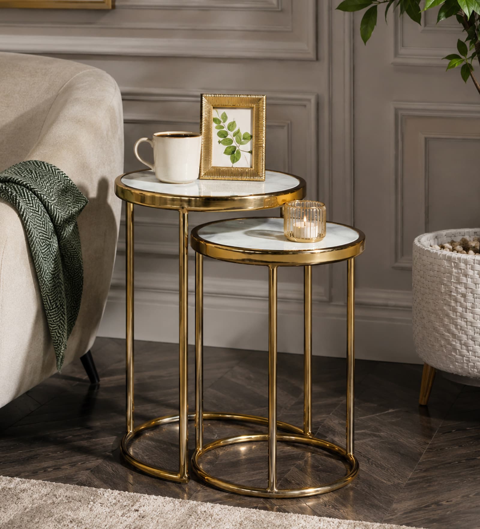Basie End Table In Golden Finish with Marble Top (Set of 2)