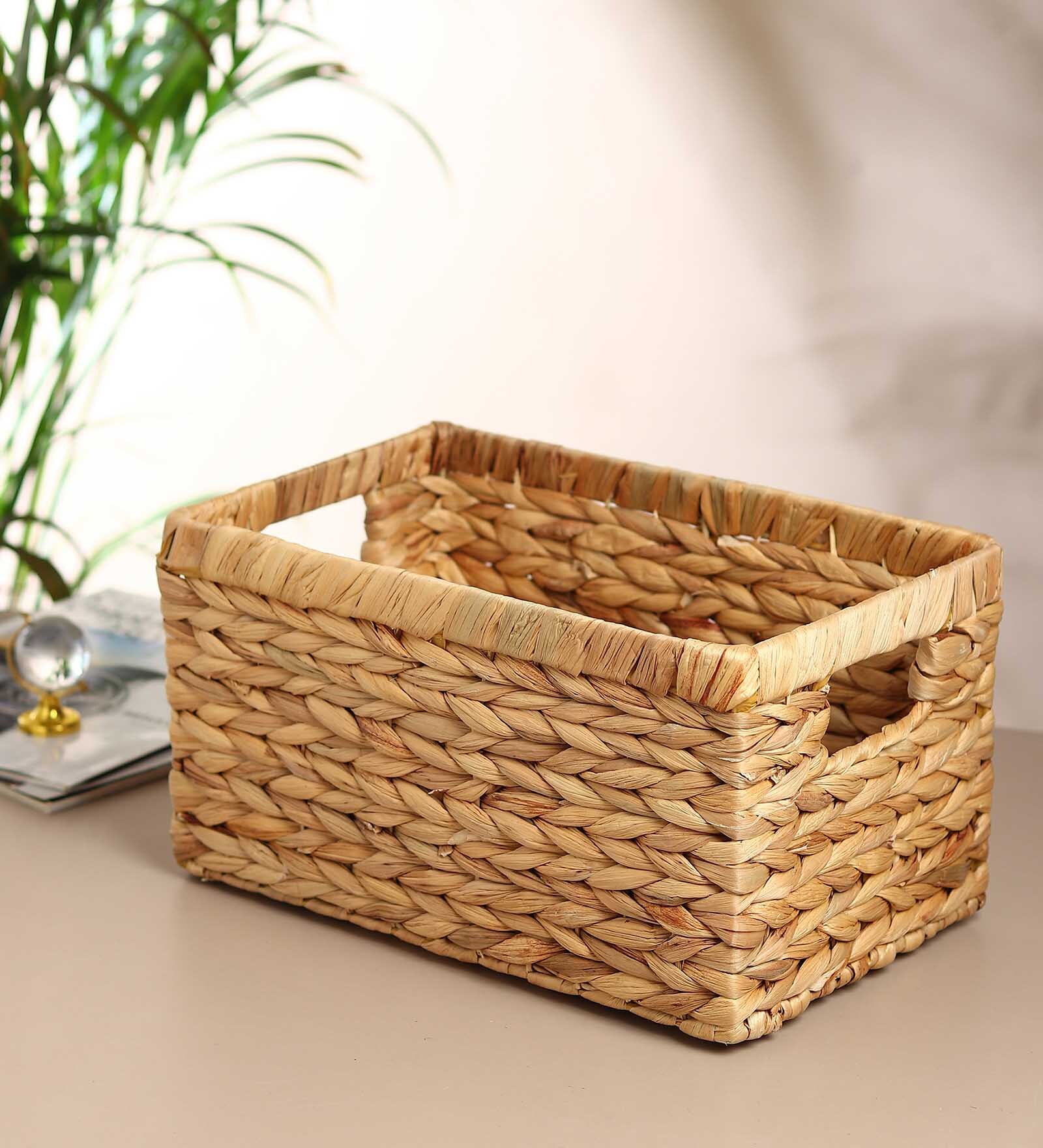 (1Pc) Beige Water Hyacinth Handmade Storage Basket & Wardrobe Organiser