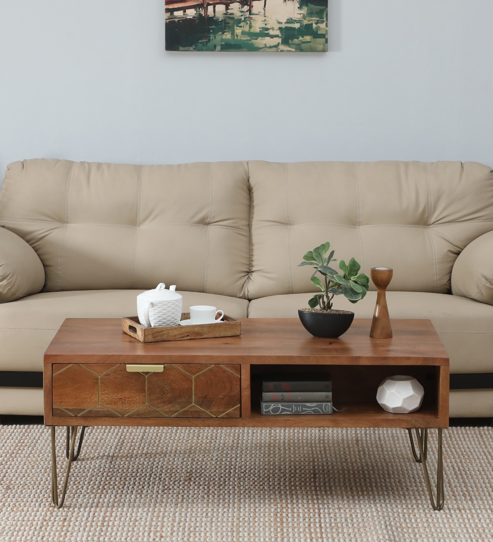 Basse Mango Wood Coffee Table In Rustic Teak Finish With Drawers