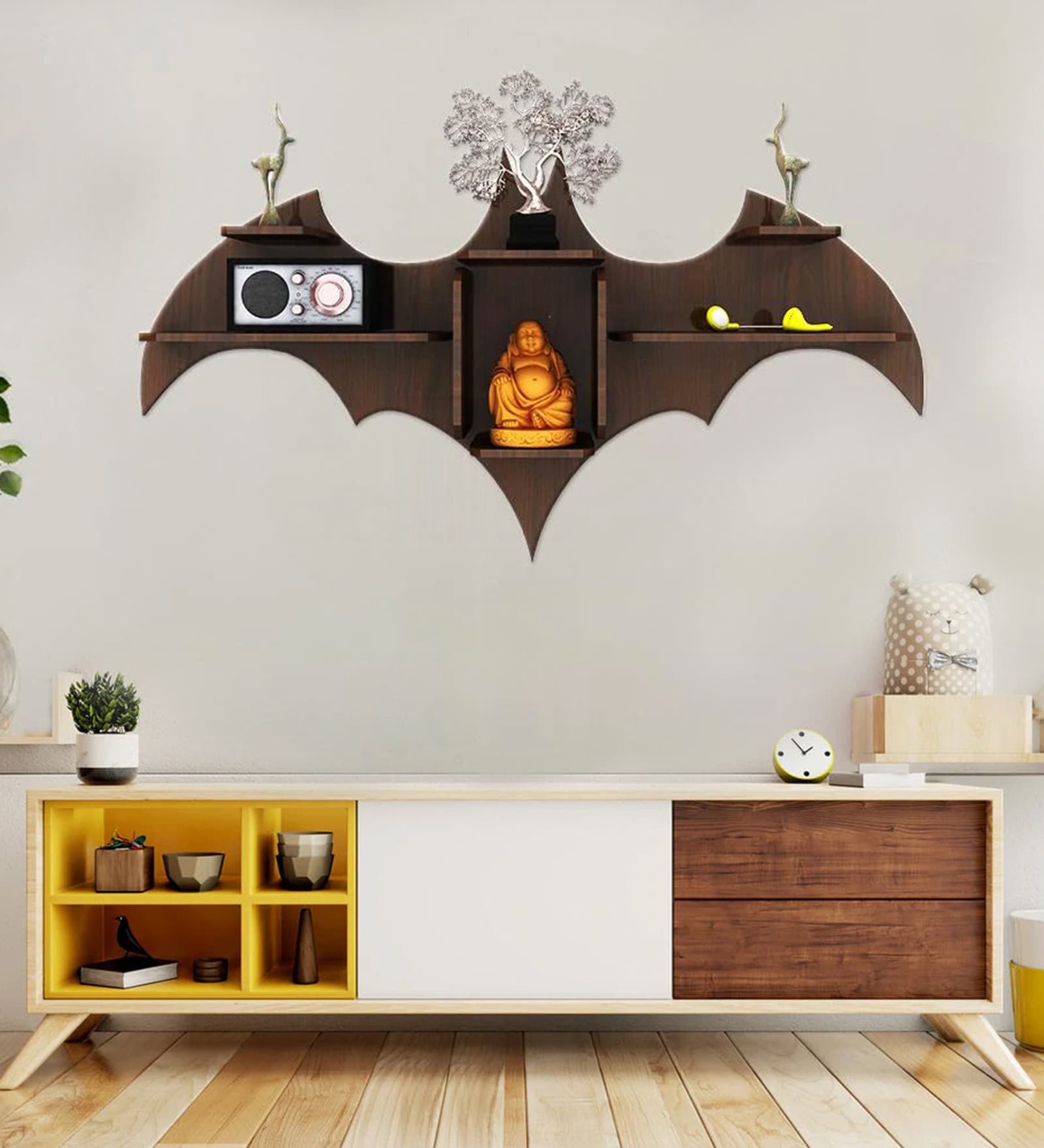 Bat Shape Backlit Designer Wooden Wall Shelf Book Shelf Night Light, Walnut Finish