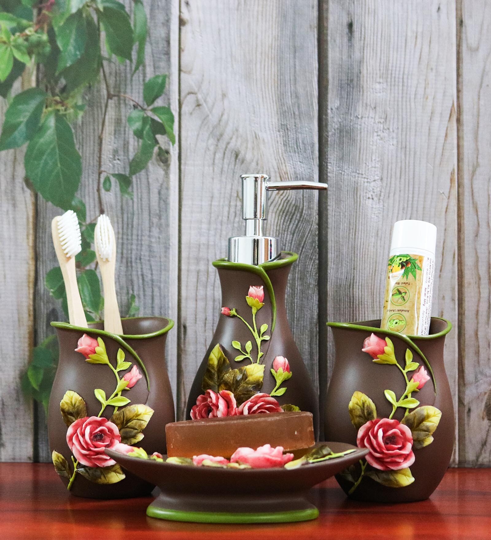 Buy Polyresin Floral Print Bathroom Accessories in Brown, Set of 4 by