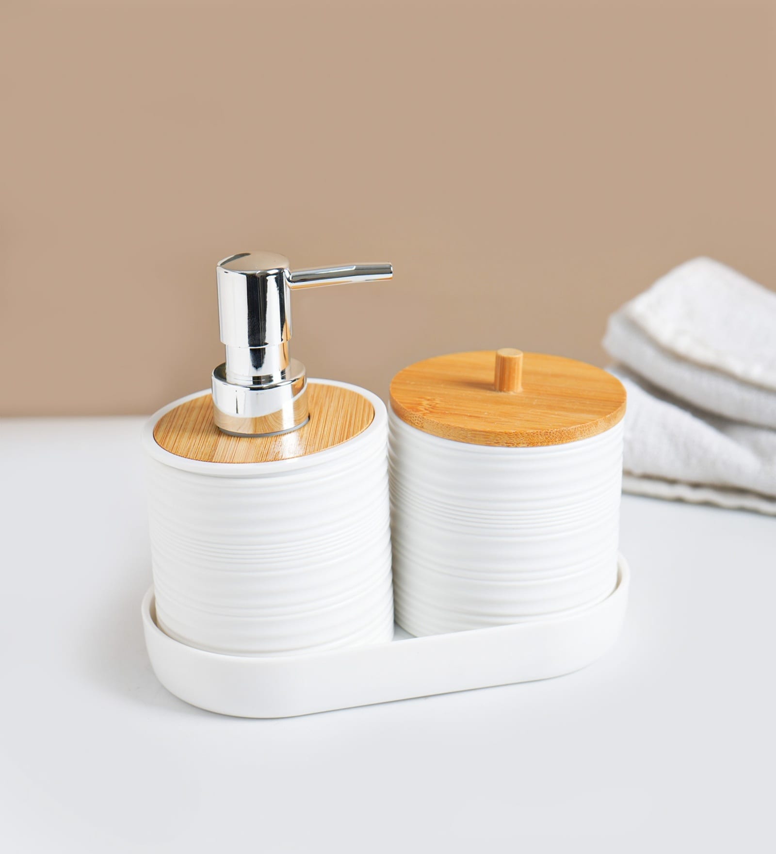 White Plastic & Bamboo Bathroom Accessory Set