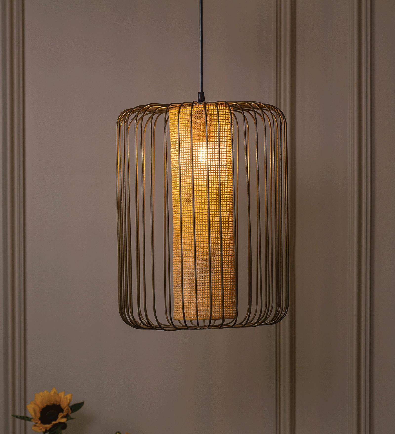 Bay 16 Inch Gold & Natural Brown Metal & Rattan  Drum Hanging Lights