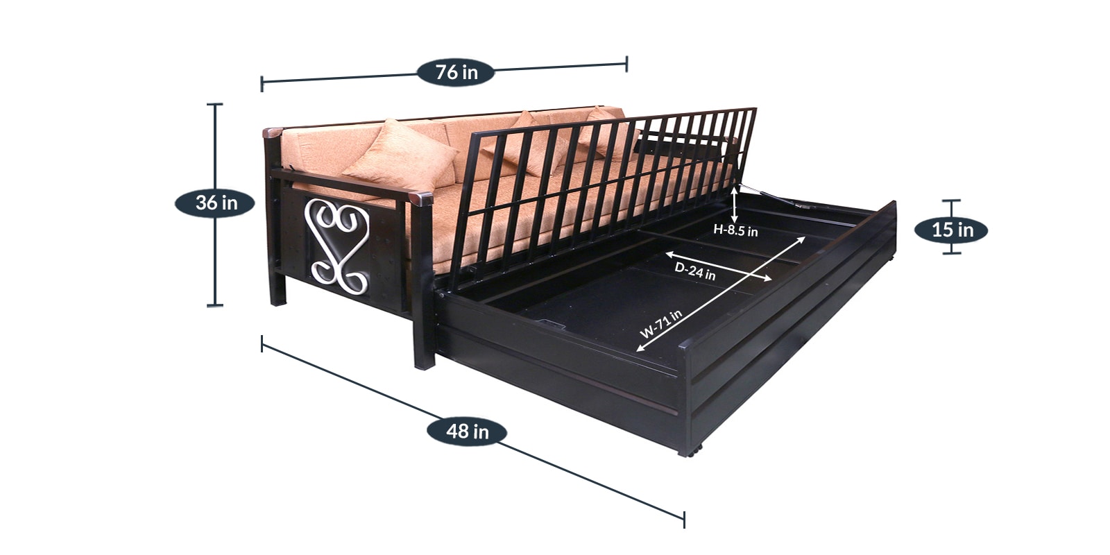 Bactinn Metal SingleSize Sofa cum Bed with Hydraulic Storage in Matte