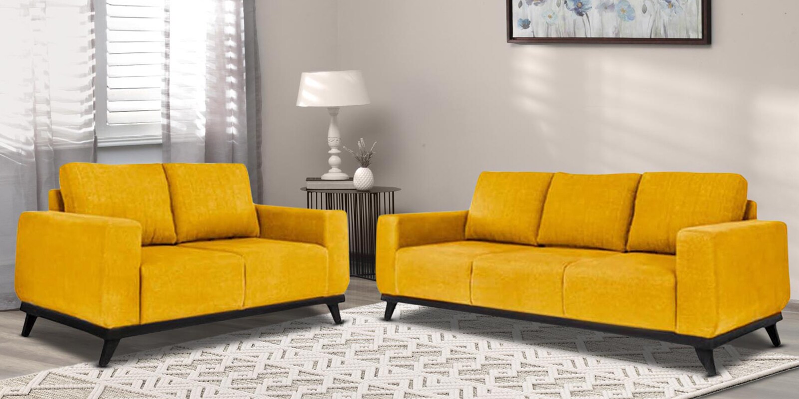 Buy Barcelona Fabric Sofa Set In Chrome Yellow Colour With 3+2