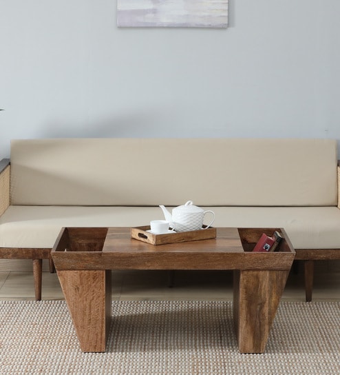 Baarn Mango Wood Coffee Table In Rustic Teak Finish With Magazine Holder