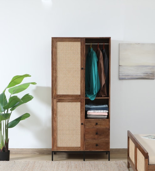 Baarn Mango Wood Wardrobe In Rustic Teak Finish With Drawer
