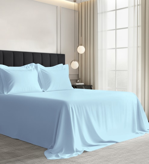 Baby Blue Solid 1000 TC Cotton Super King Sized Bedsheet with 4 Pillow Covers