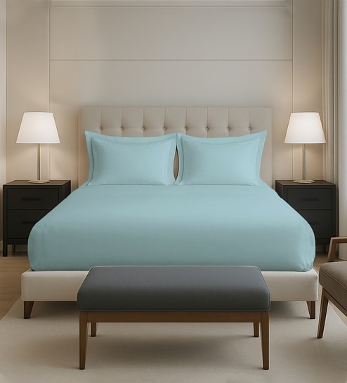 Baby Blue Solid 400 TC Cotton Queen Sized Fitted sheet with 2 Pillow Covers